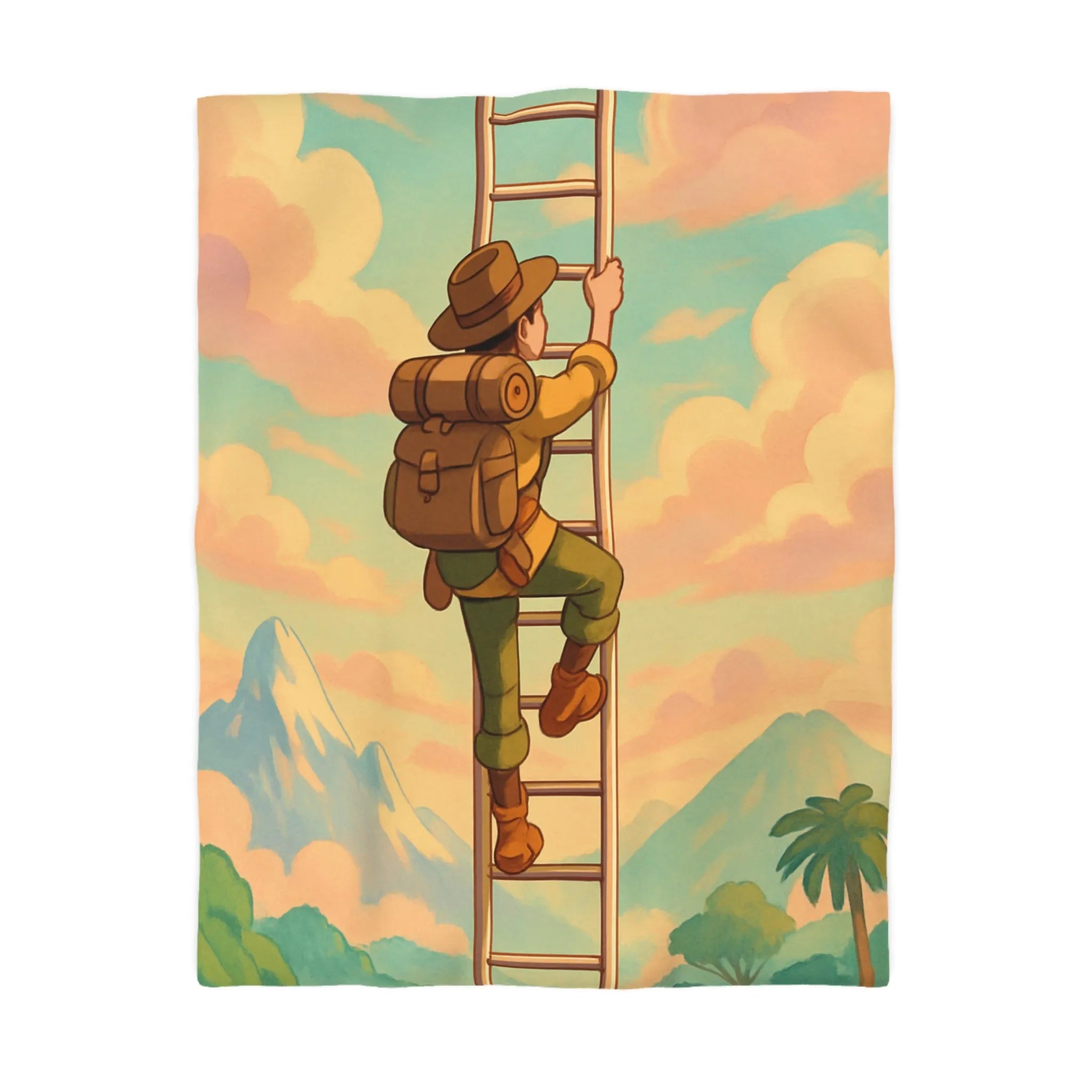 Housse de couette avec aventurier grimpant échelle vers ciel pastel et montagnes lointaines