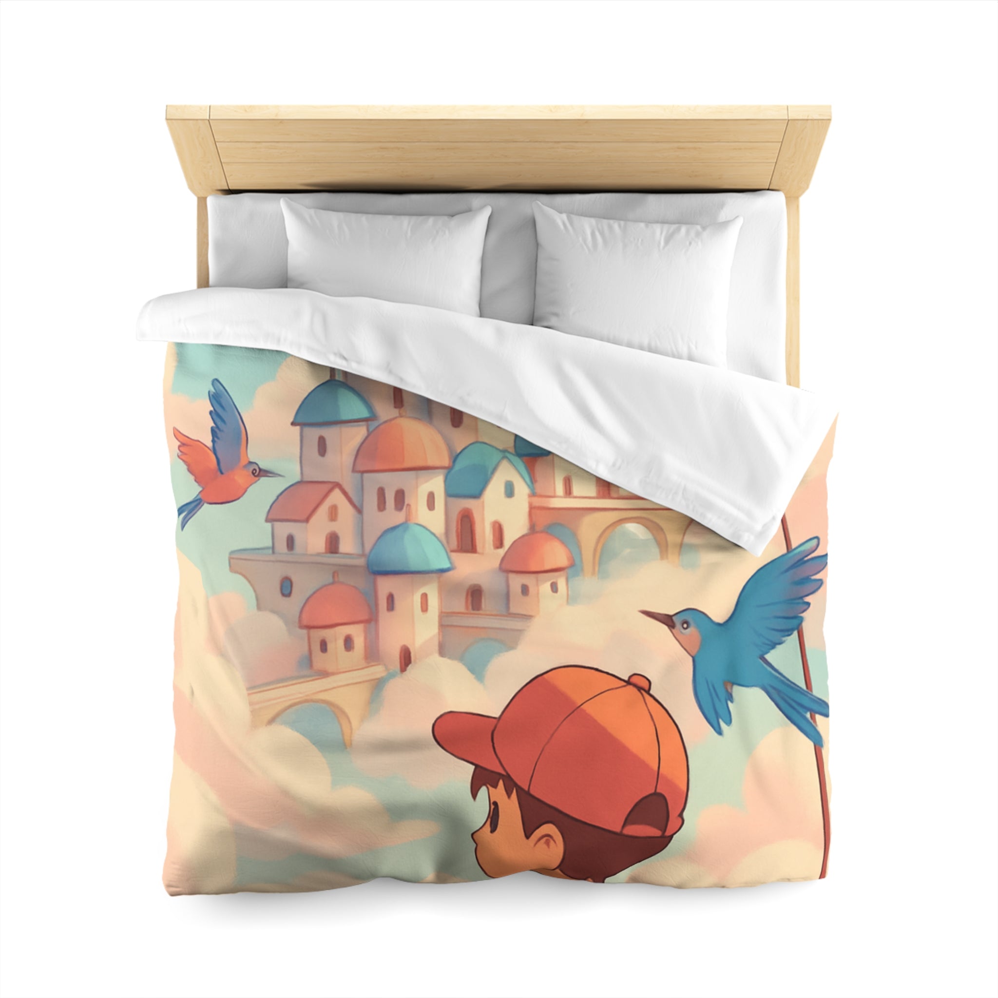 Housse de couette rêveuse avec enfant explorant un château céleste parmi les nuages