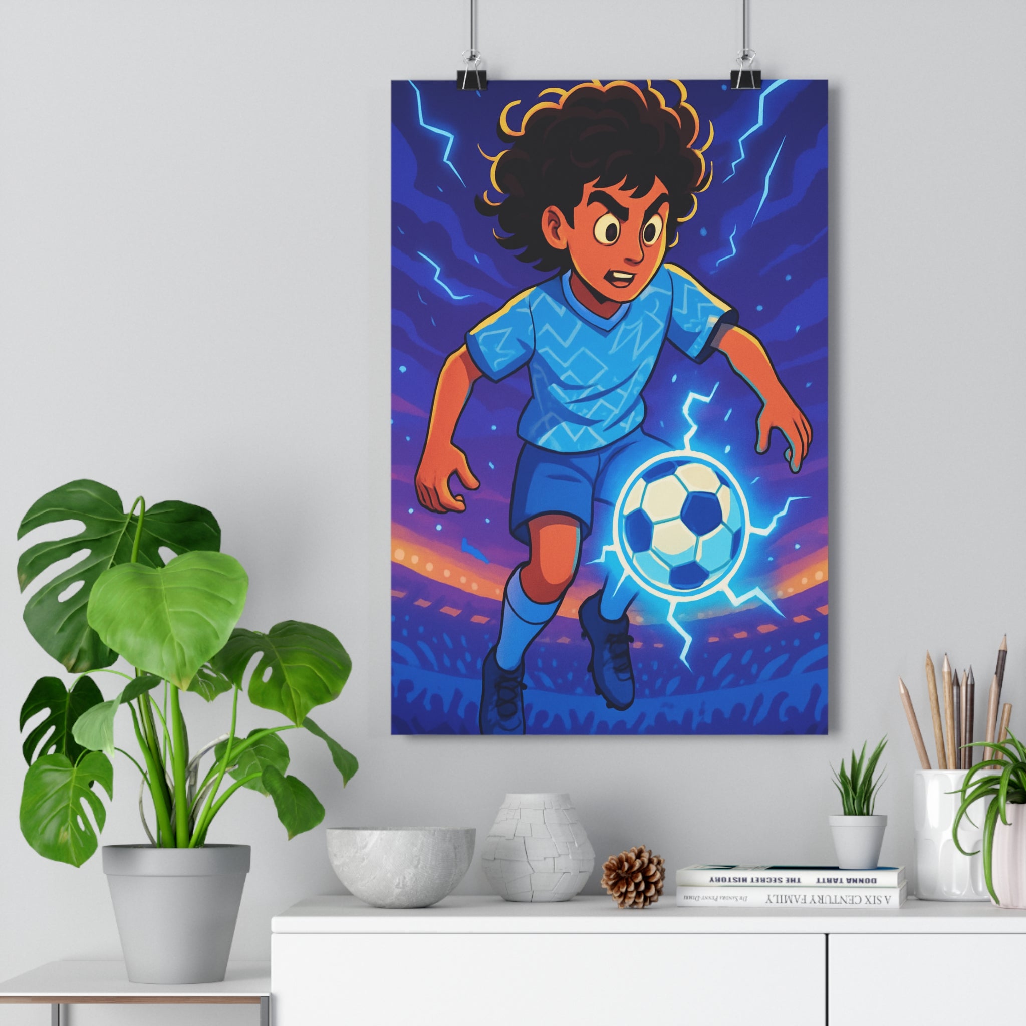 Poster décoratif football dessin animé bleu orange chambre enfant sport dynamique électrique ambiance éclatante