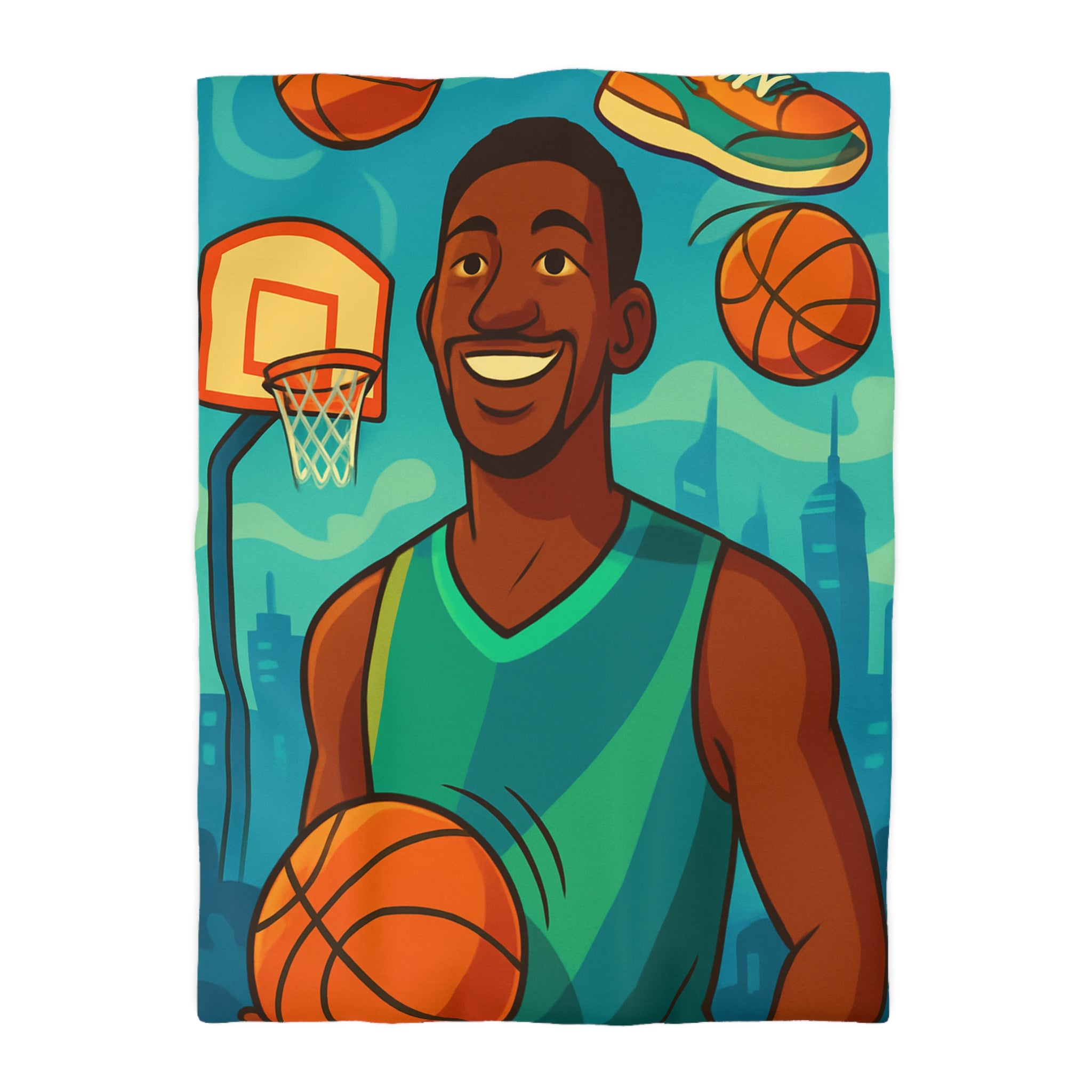 Housse de Couette Pour Enfant Thème Basketball Colorée et Ludique avec Joueur Souriant