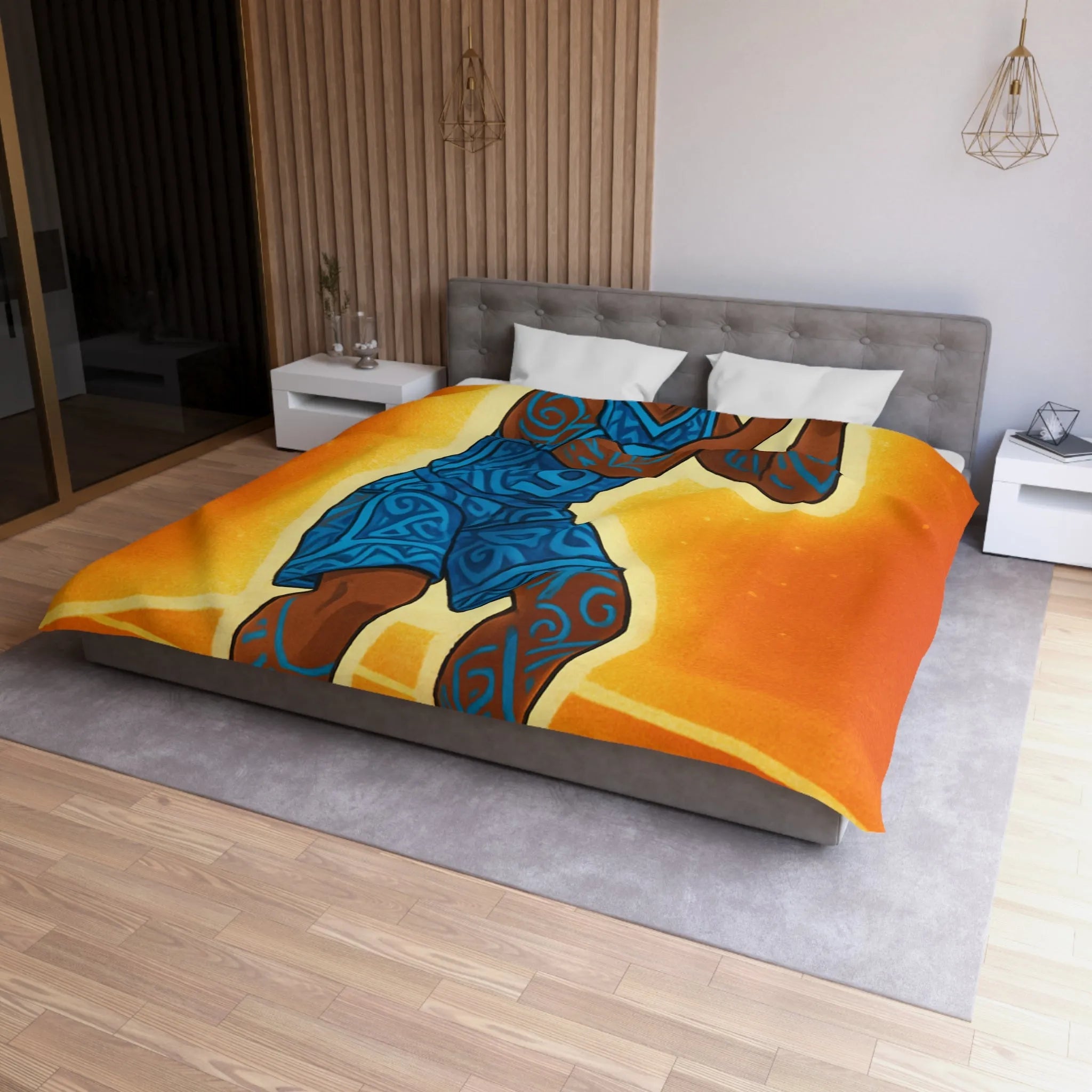 Housse De Couette Avec Joueur De Basketball Graphique En Bleu Sur Fond Orange