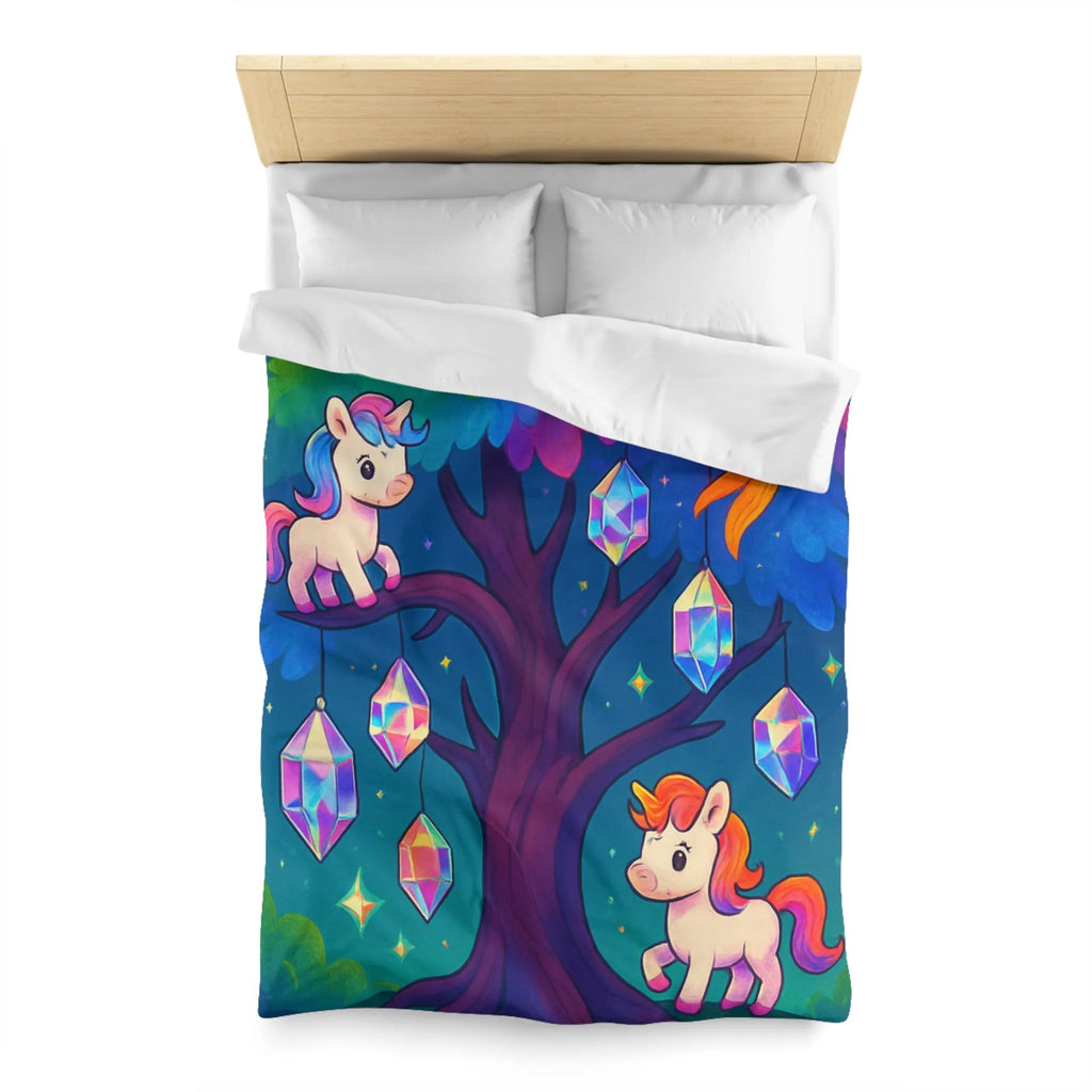 Housse de couette enfantine avec licornes, phénix, arbre magique et cristaux lumineux