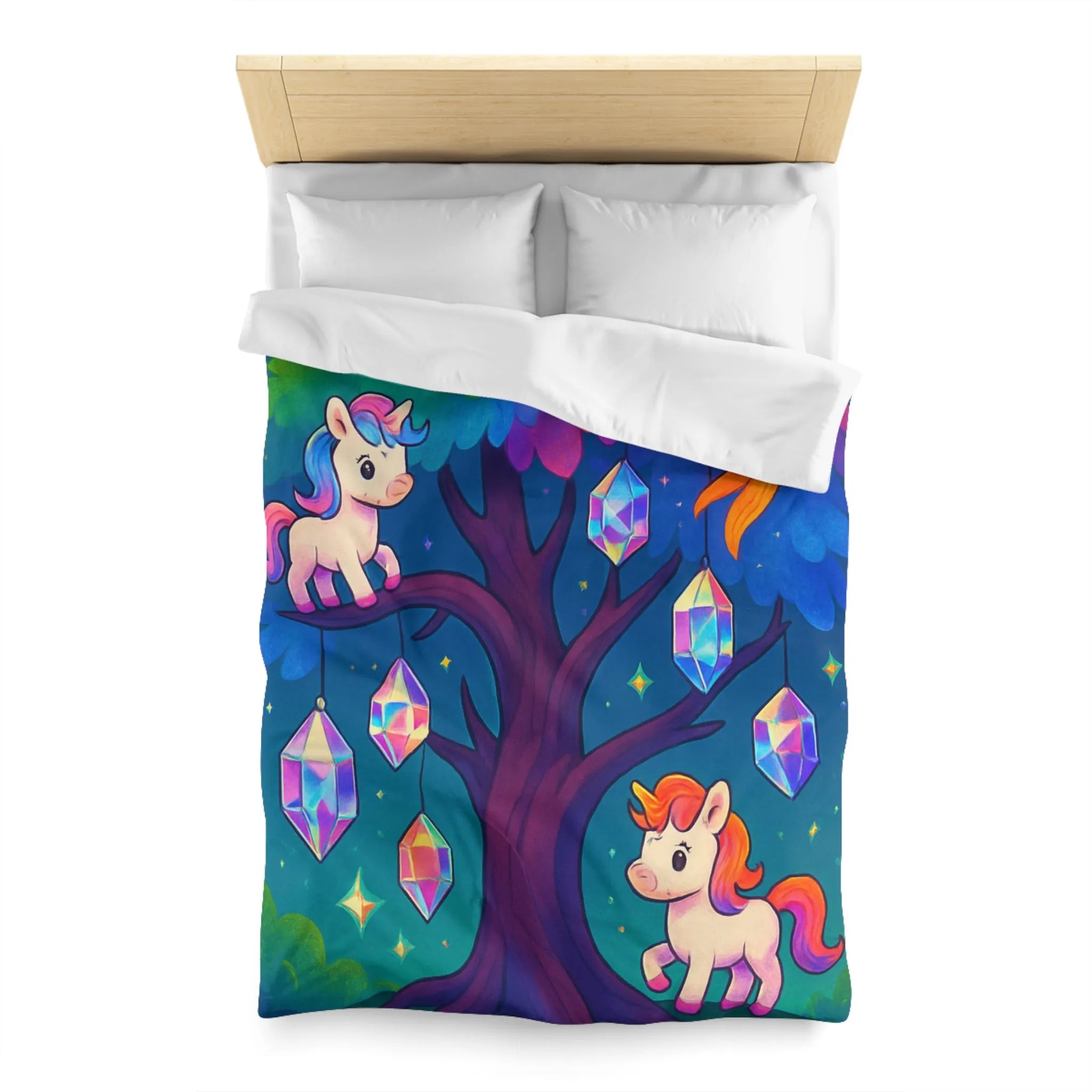 Housse de couette enfantine avec licornes, phénix, arbre magique et cristaux lumineux