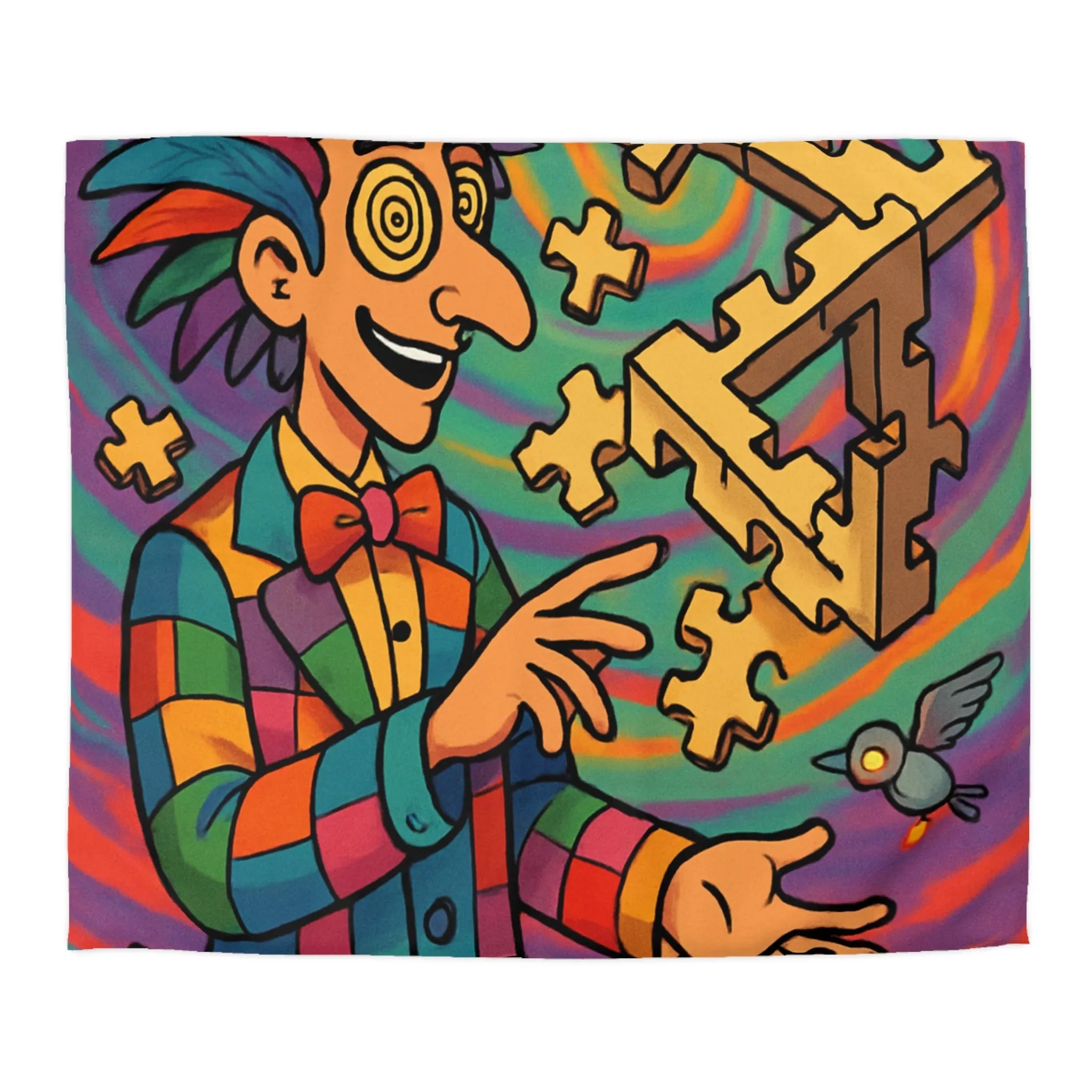 Housse de couette colorée avec illusion d'optique géométrique et motif de clown vibrant