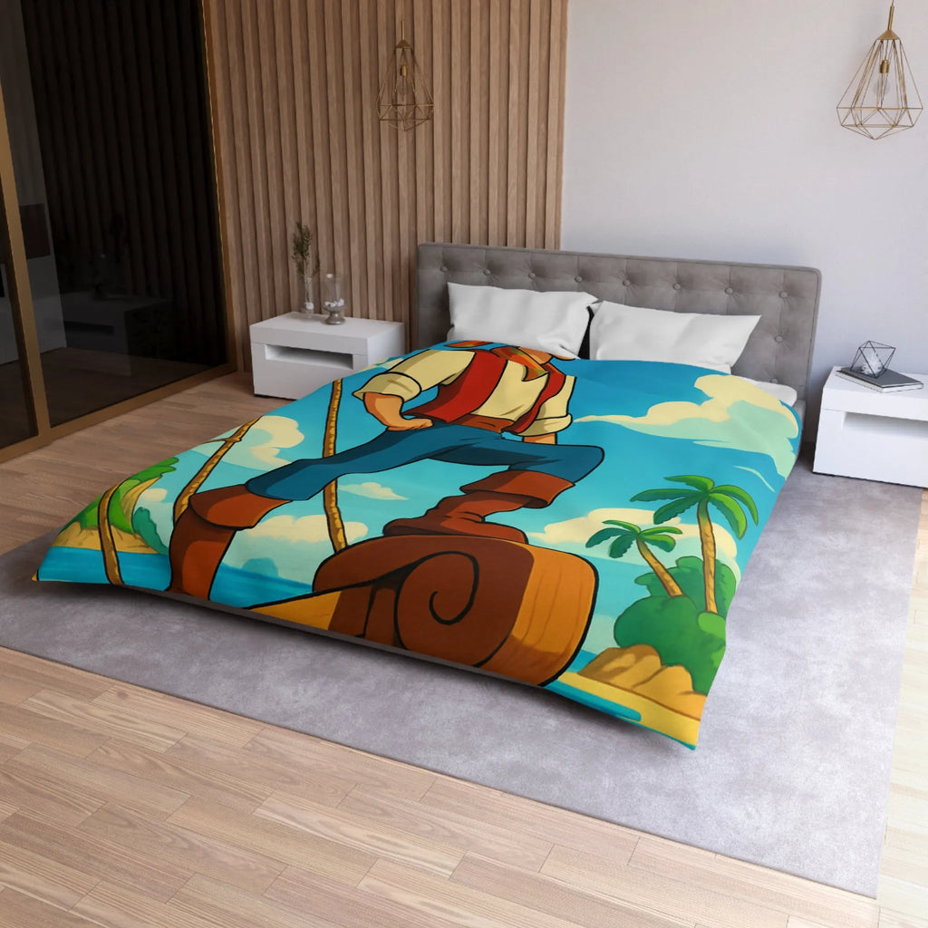 Housse de couette avec illustration de marin aventurier naviguant parmi palmiers et mer azur