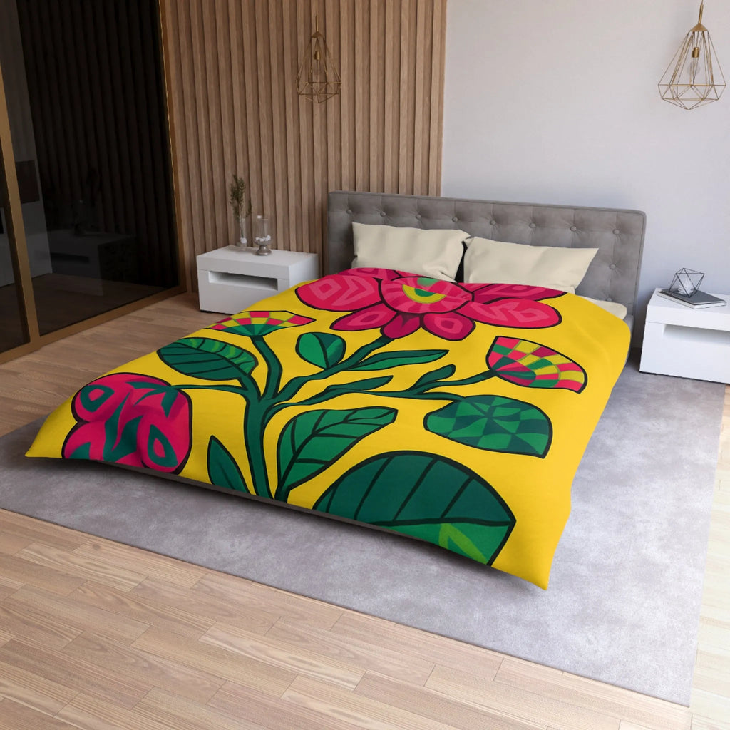 Housse de couette florale vibrante avec grandes fleurs rouges et feuilles vertes sur fond jaune