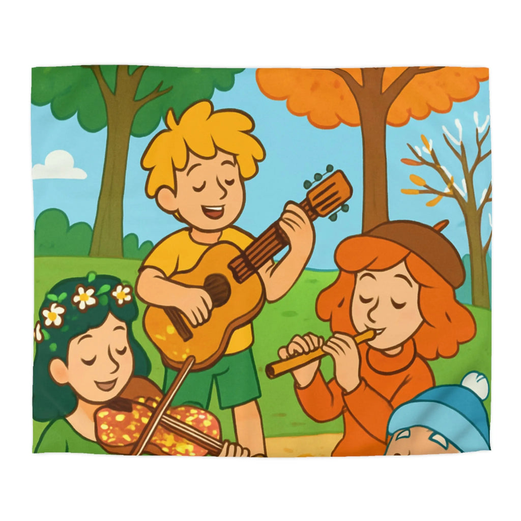 Housse de couette colorée avec enfants jouant de la musique en forêt automnale