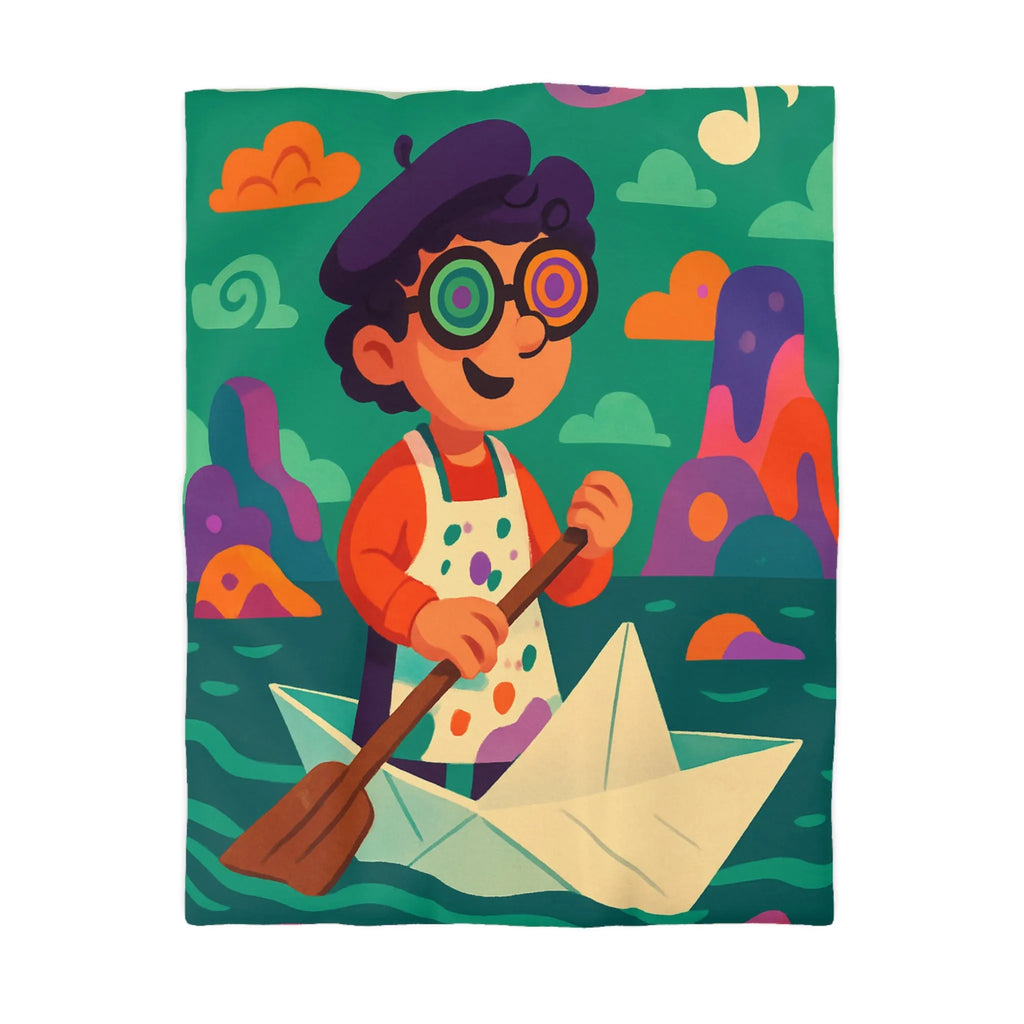 Housse de couette colorée avec artiste joyeux naviguant en bateau de papier dessin animé