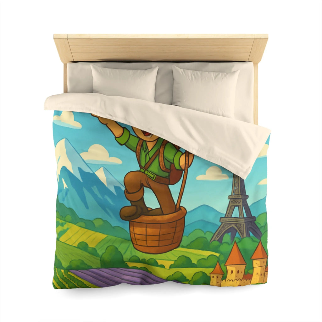 Charmant voyageur en montgolfière surplombant paysages français, champs et monuments emblématiques