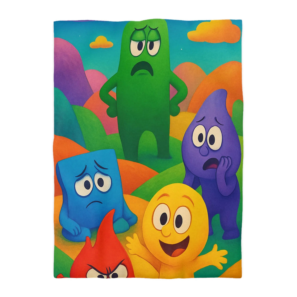 Housse de couette colorée avec personnages expressifs sur fond de collines arc-en-ciel