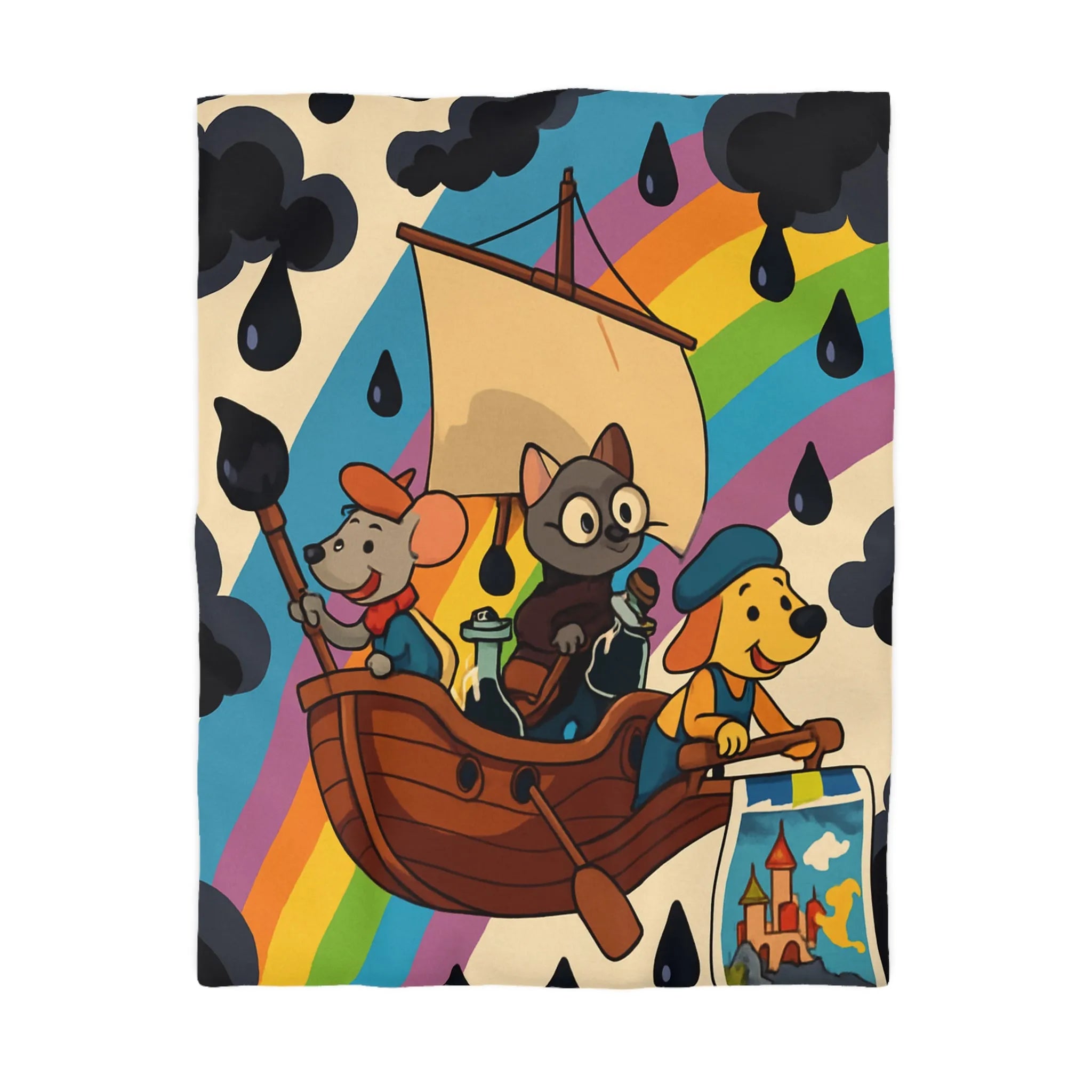 Housse de couette enfant avec animaux navigateurs sur arc-en-ciel et bateau enchanteur