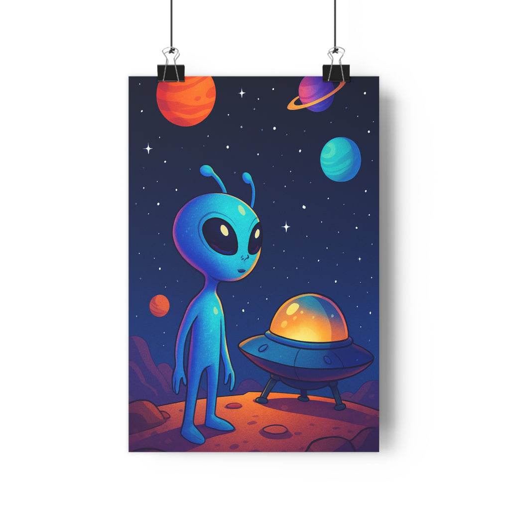 Poster décoratif extraterrestre bleu cartoon enfant chambre ludique vibrant amusant mystique planète étoilé coloré