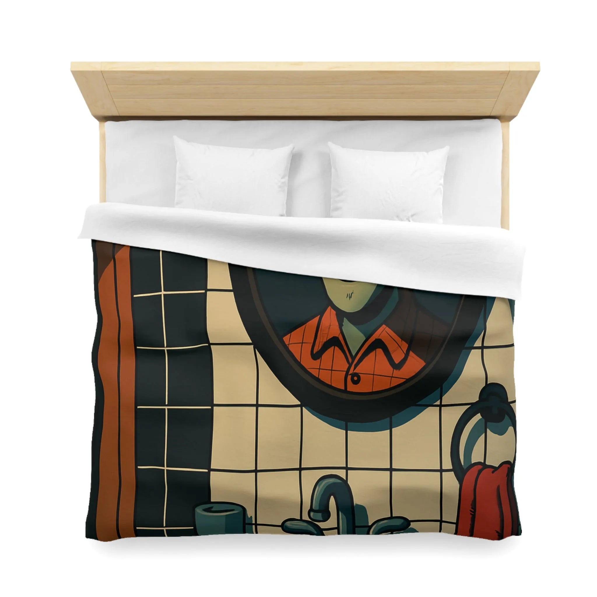 Housse de couette graphique avec dessin animé miroir effrayant et carreaux de salle de bain