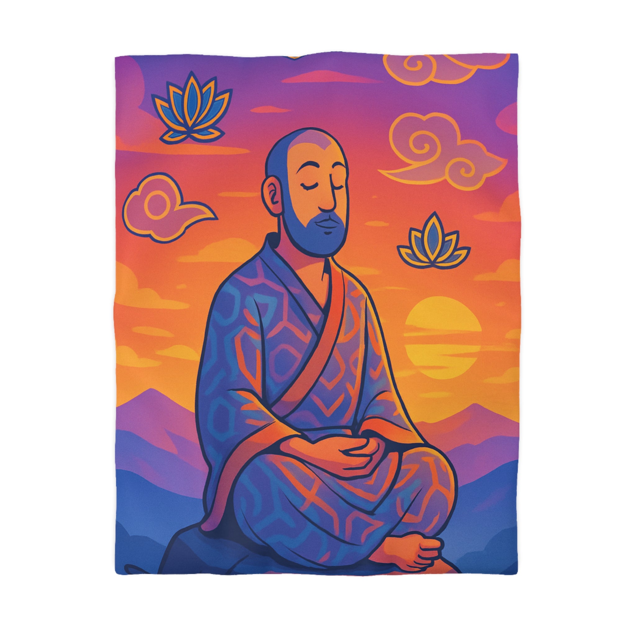 Housse de Couette Zen Moine Méditant au Coucher de Soleil Avec Fleurs de Lotus