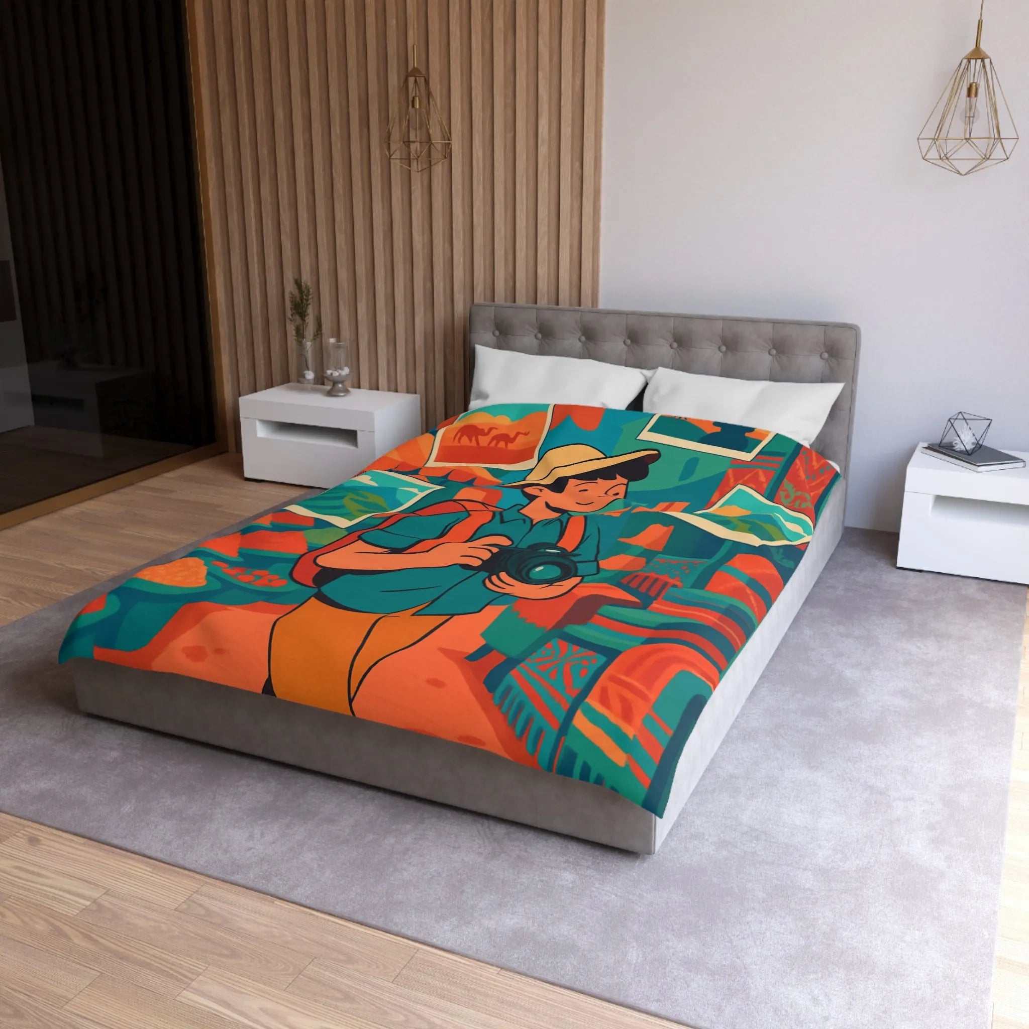 Housse de Couette Colorée avec Voyageur Photographiant un Marché Animé et Vibrant