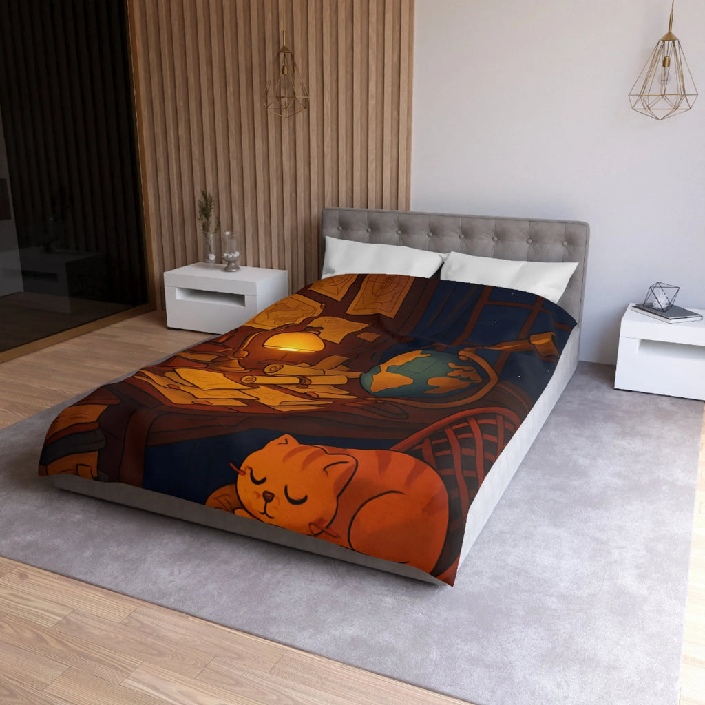 Housse de Couette Astronomie Vintage avec Chat et Globe Terrestre pour Chambre Apaisante