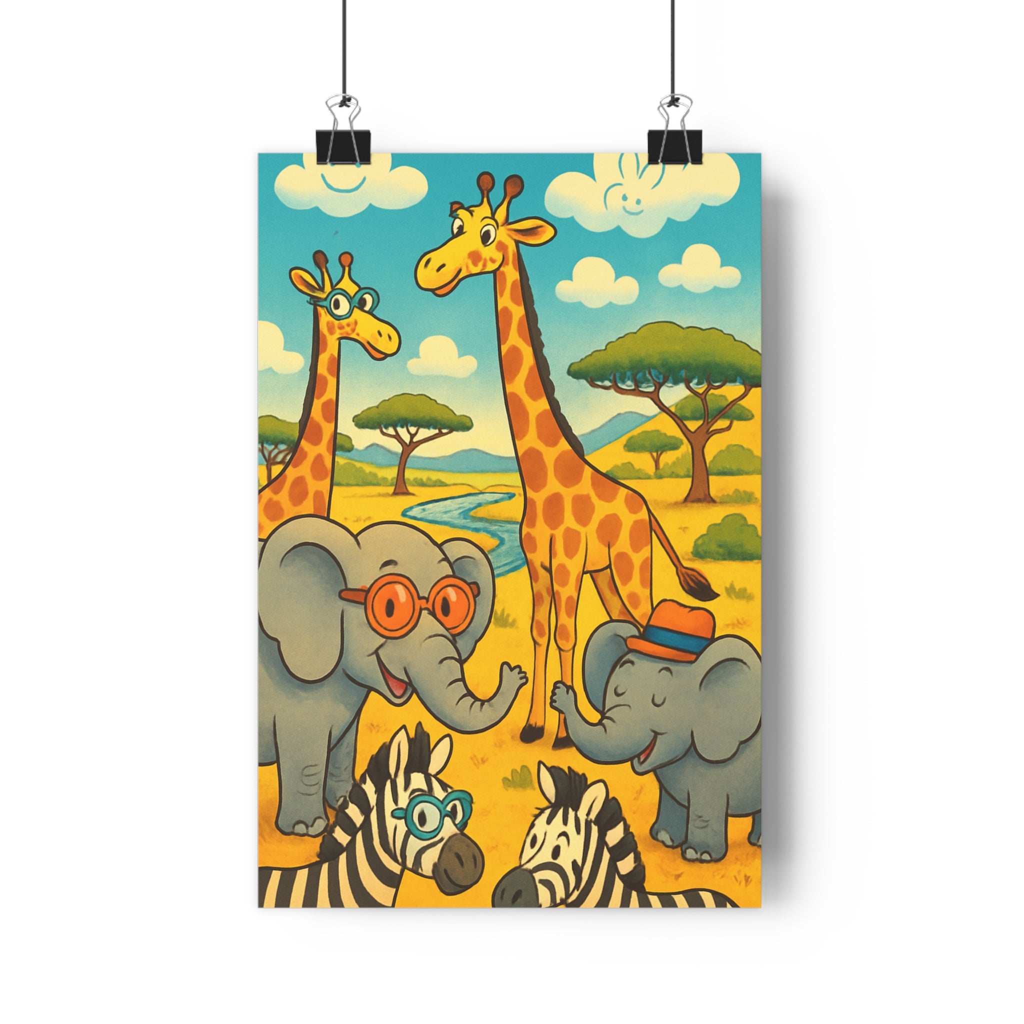 Poster décoratif cartoon safari joyeux coloré enfant girafe éléphant zèbre savane chambre aventure ambiance