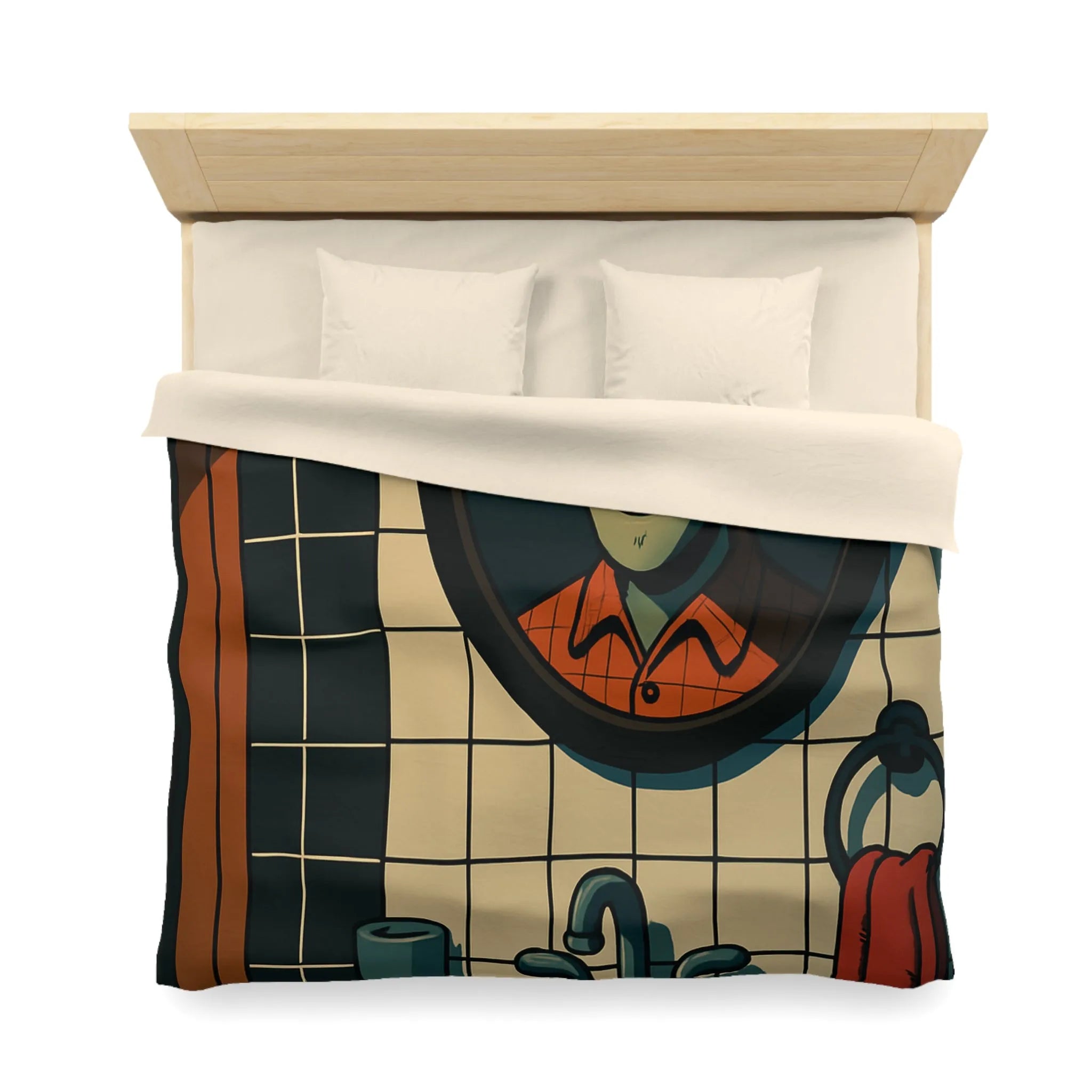 Housse de couette graphique avec dessin animé miroir effrayant et carreaux de salle de bain