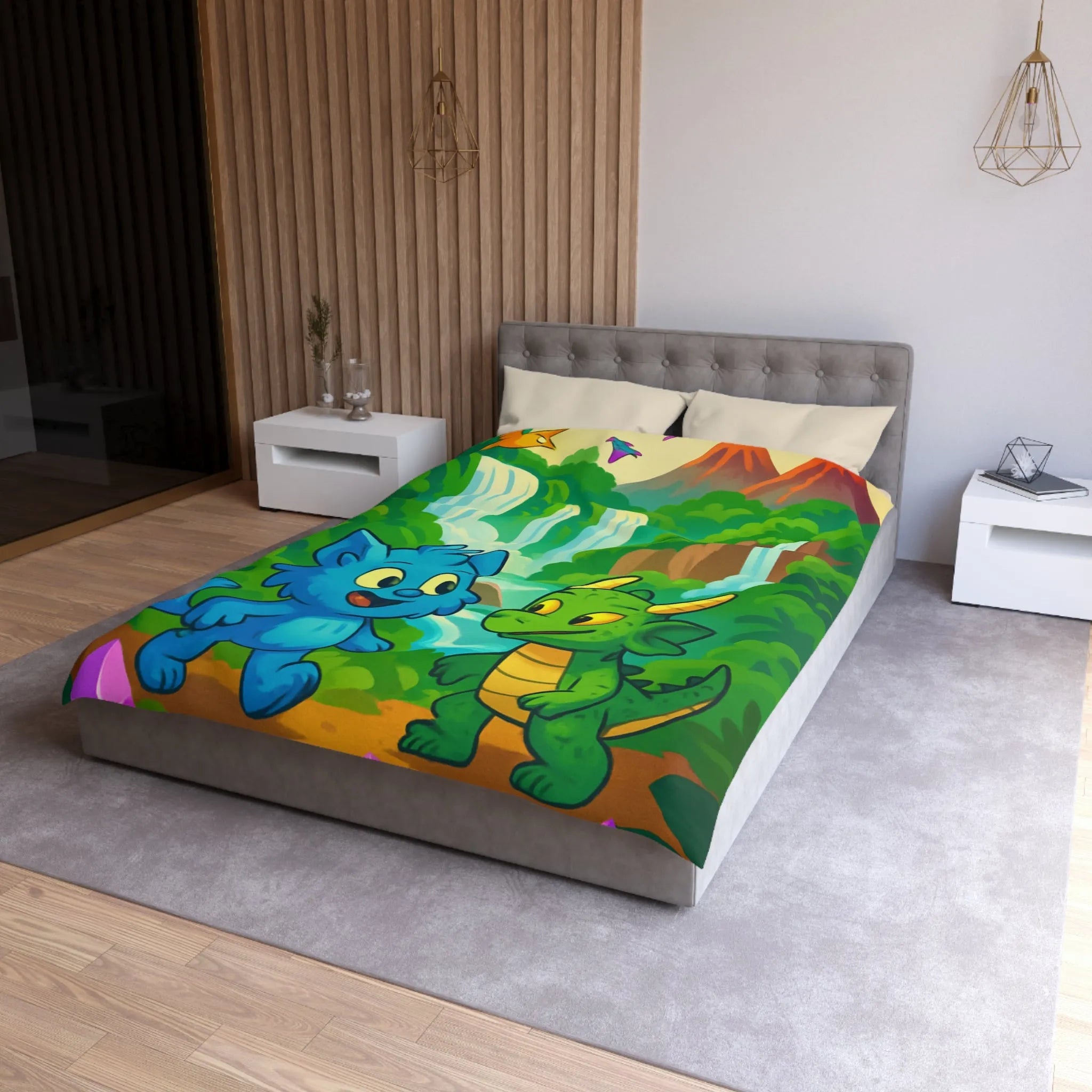 Housse de Couette Fantaisie Enfants Avec Animaux et Paysage Magique Coloré Vert et Bleu