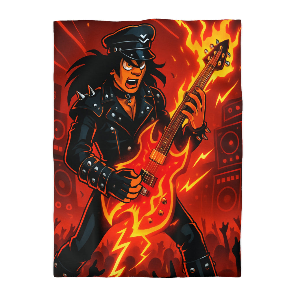 Housse de couette rock énergique avec guitariste enflammé et ambiance concert spectaculaire