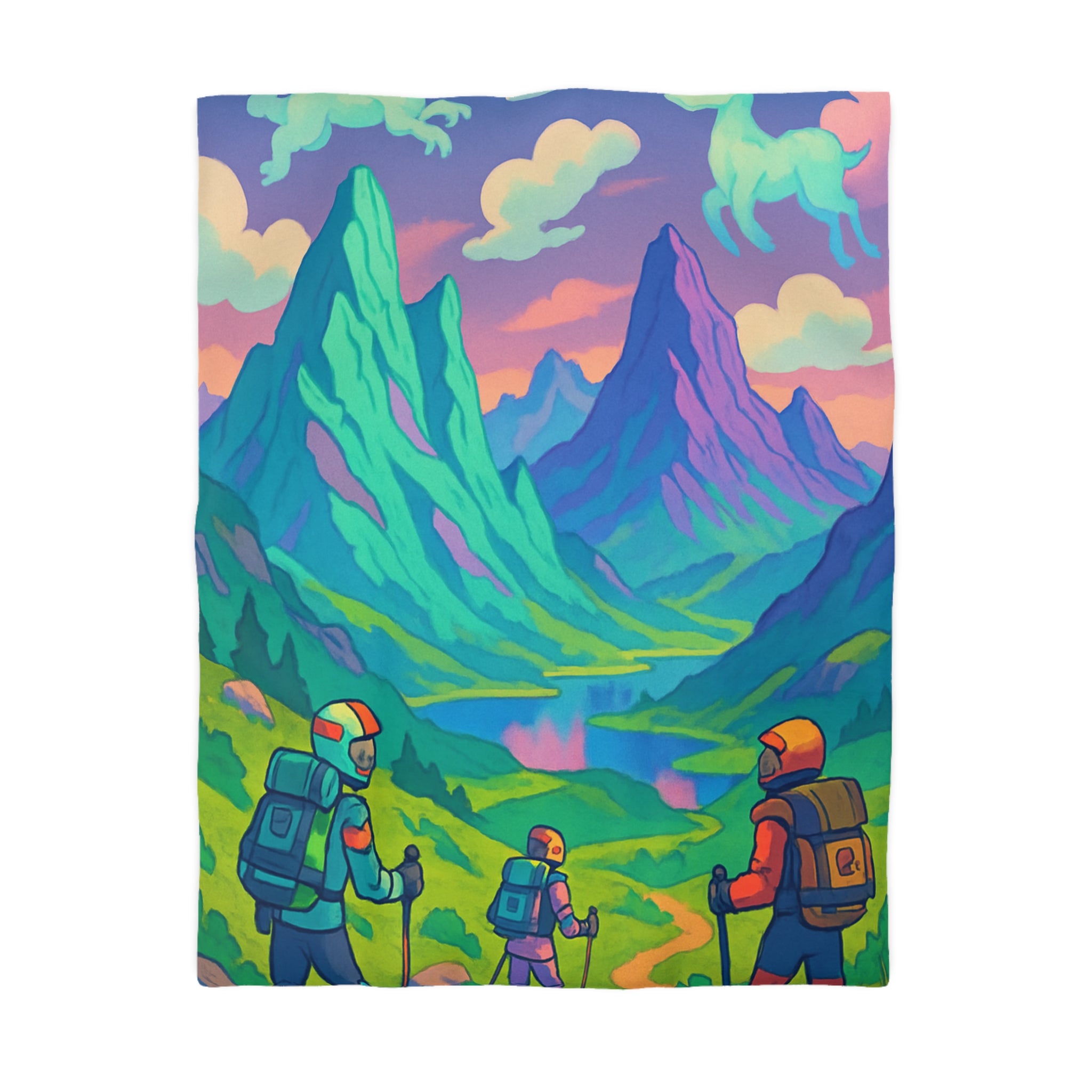 Housse de Couette Unique Montagne Randonneurs Fantaisie Animaux Nuages Enchantée Colorée