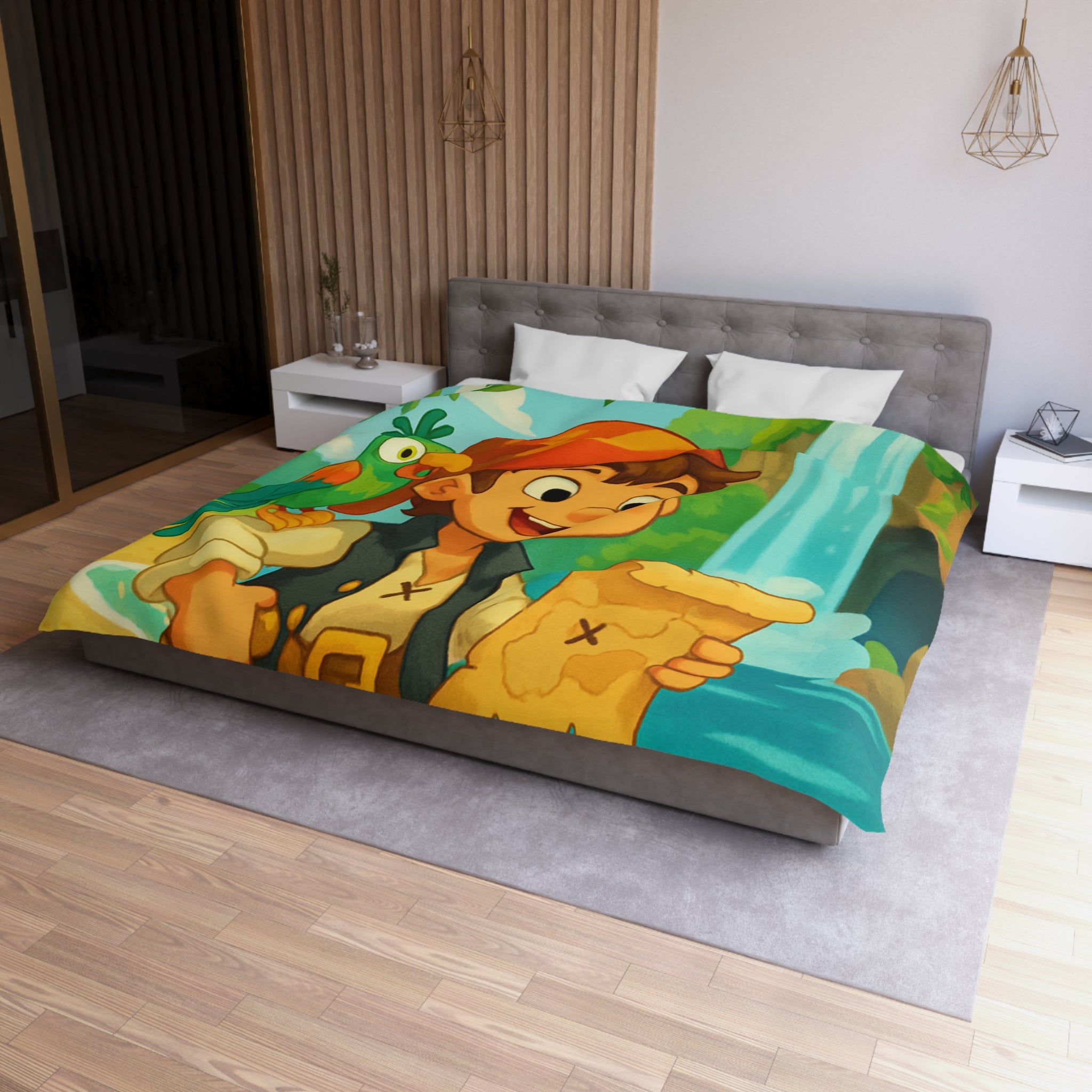 Housse de Couette Pirate Enfantine avec Perroquet, Carte au Trésor, Cascade et Plage