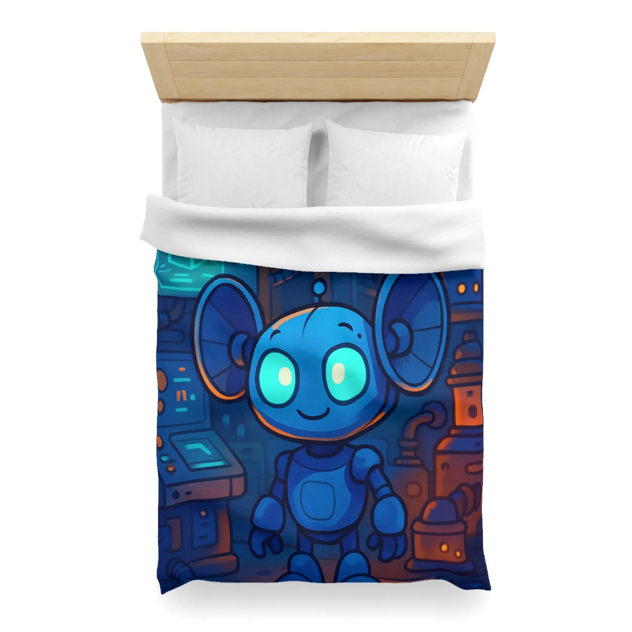 Housse de couette enfant motif robot mignon bleu dans laboratoire futuriste nuit