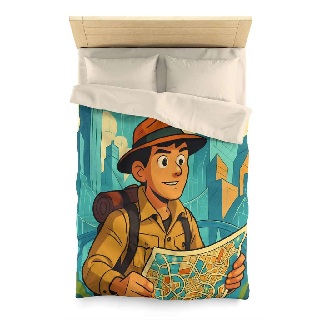 Découverte urbaine vibrante : jeune explorateur avec carte et gratte-ciels illustrés