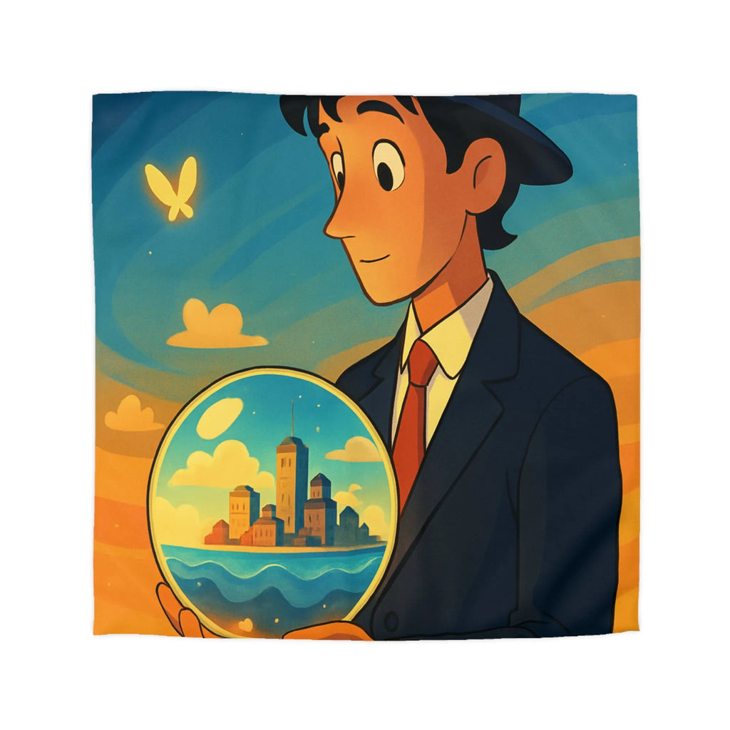 Housse de couette avec illustration surréaliste d'un homme tenant une sphère magique