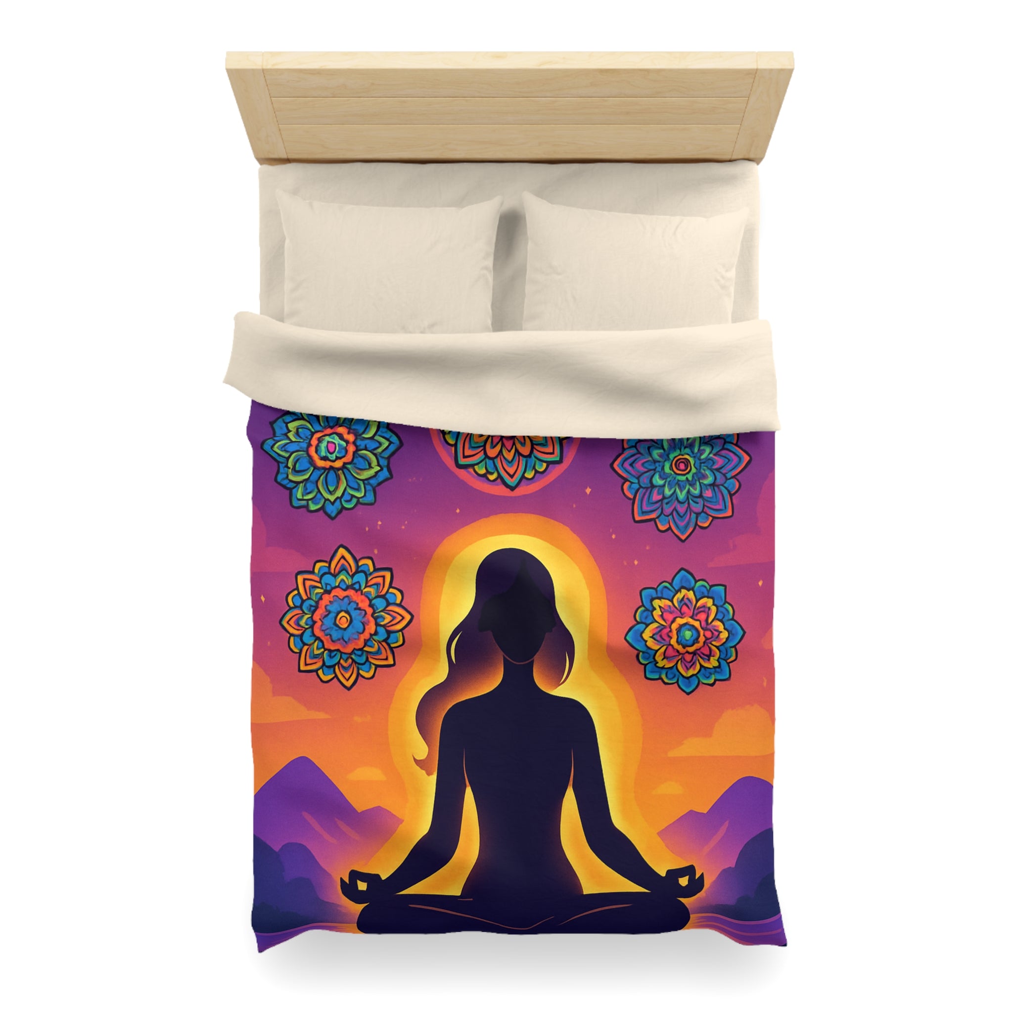 Paisible méditation silhouettée avec mandalas colorés et paysage crépusculaire serein et enchanteur