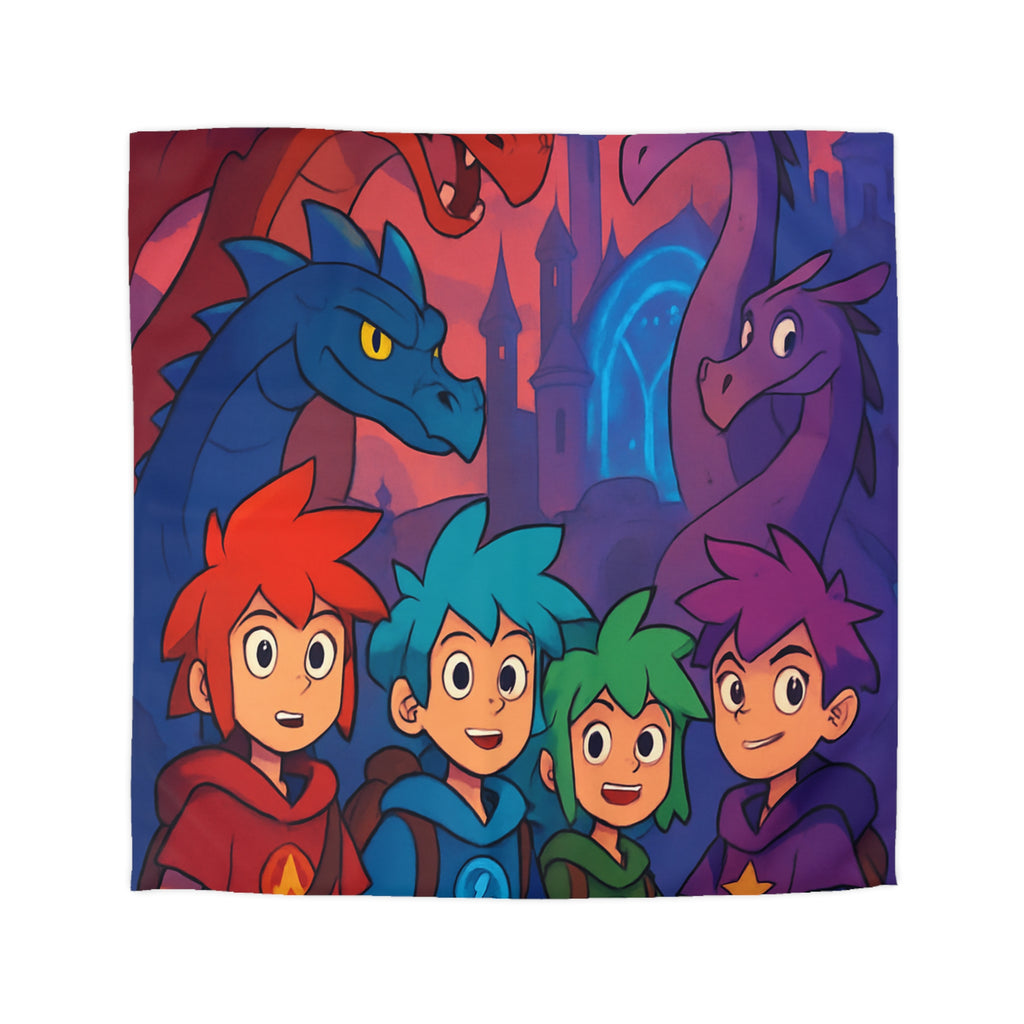Quatre aventuriers et dragons devant château fantastique, parfait pour chambre d'enfant magique