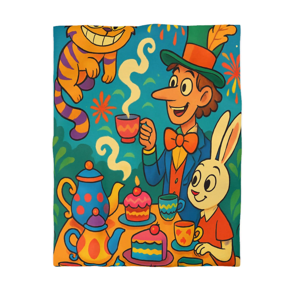 Housse de couette colorée avec scène de thé joyeuse inspirée d'un conte fantaisiste