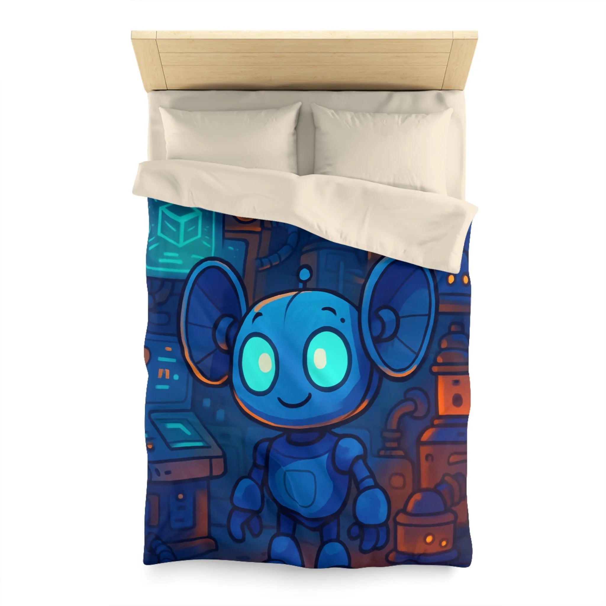 Housse de couette enfant motif robot mignon bleu dans laboratoire futuriste nuit