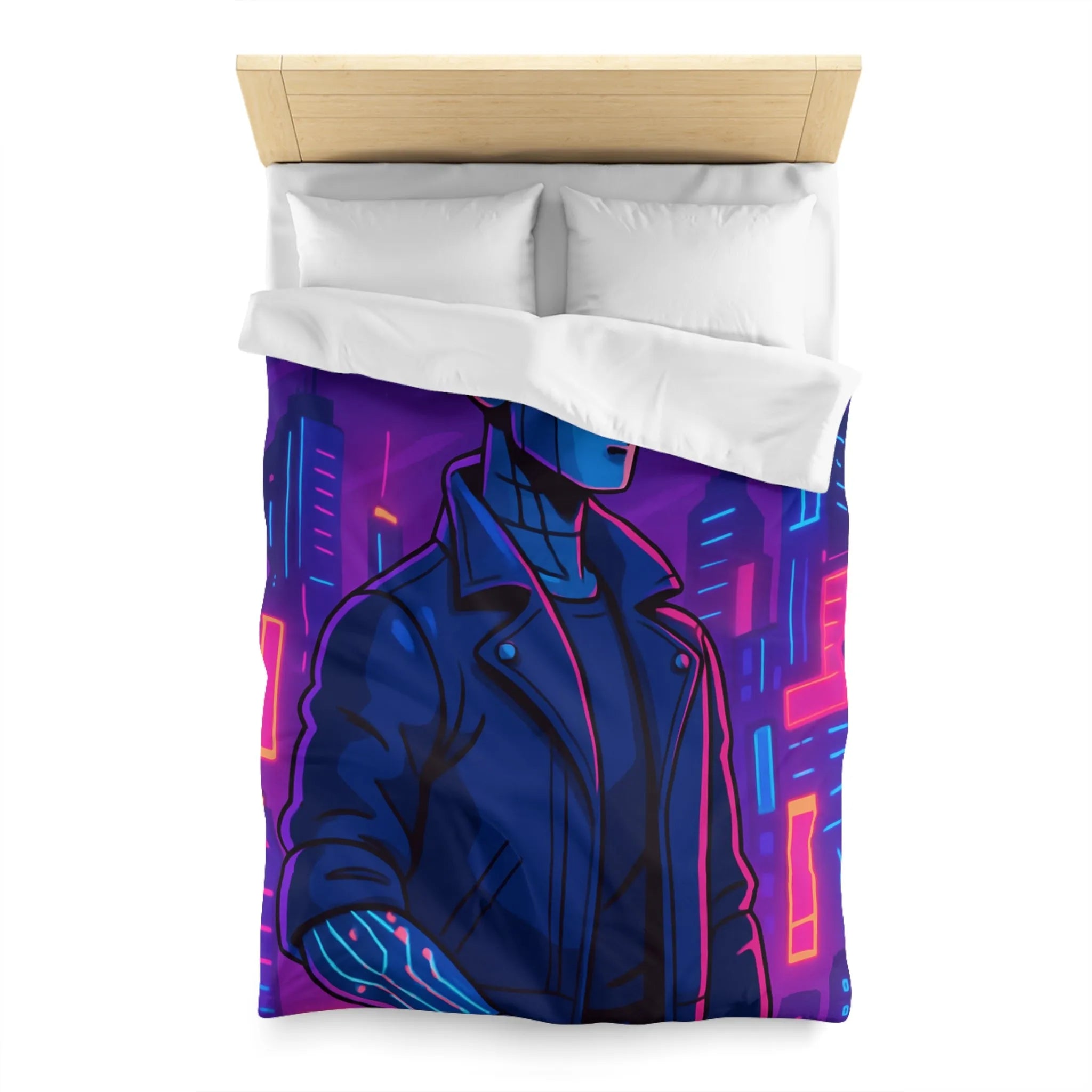 Housse de couette bleu nuit motif rétro-futuriste avec robot et gratte-ciel néon