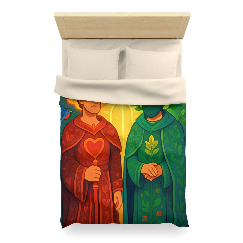 Housse de Couette Colorée avec Illustration Médiévale de Personnages Mystiques et Oiseaux Enchantés