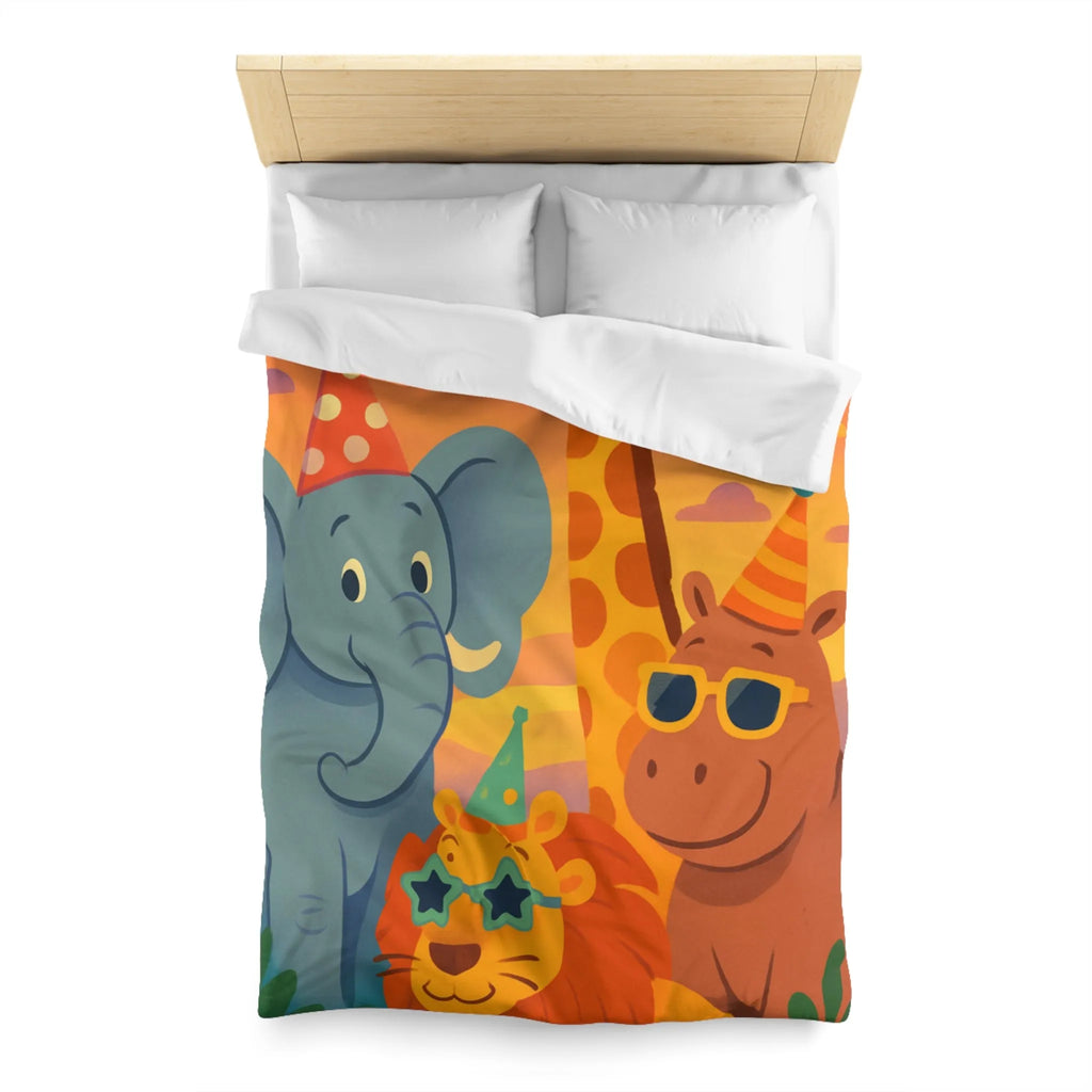 Housse de couette enfantine avec animaux de safari festifs et chapeaux colorés en fête
