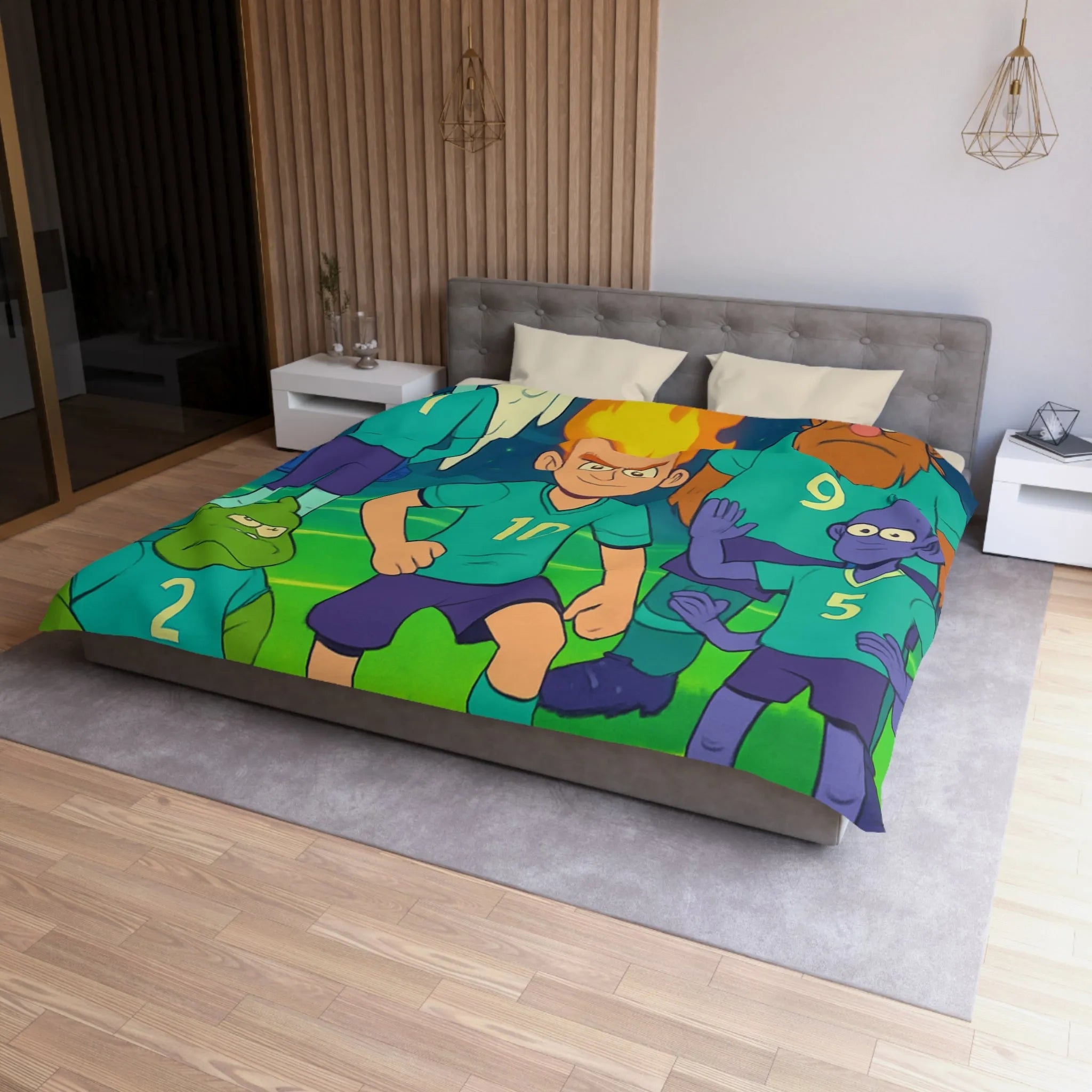 Housse de Couette Football Enfants Dessins Animés Fantastiques avec Joueurs et Effets Colorés