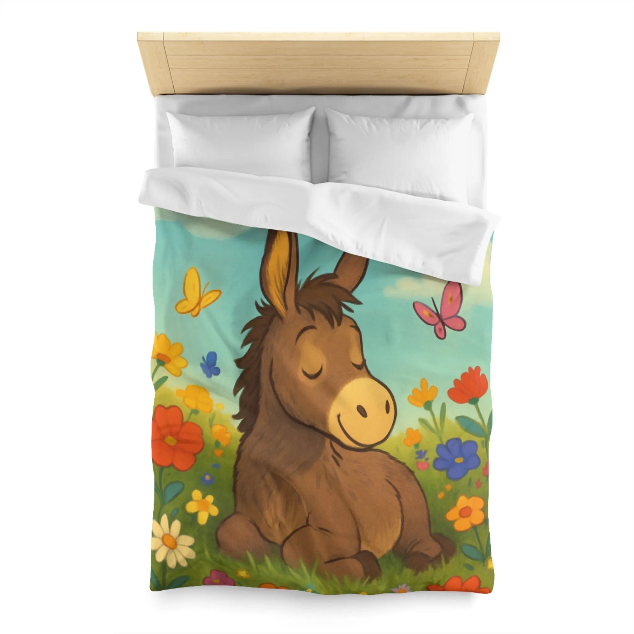 Housse de couette enfant Âne endormi, fleurs colorées et papillons dans un pré
