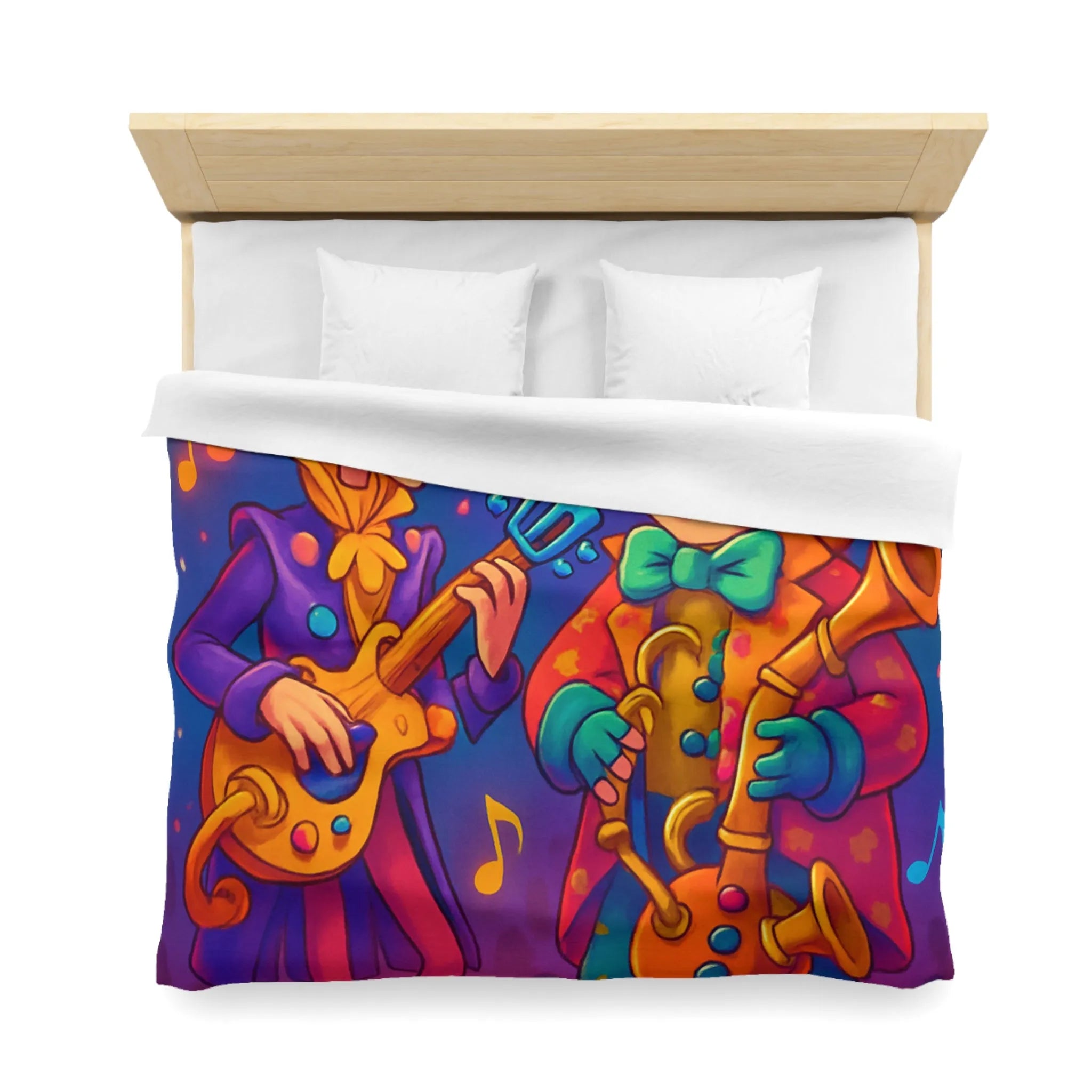Housse de couette colorée avec musiciens joyeux jouant guitare et saxophone sous projecteurs