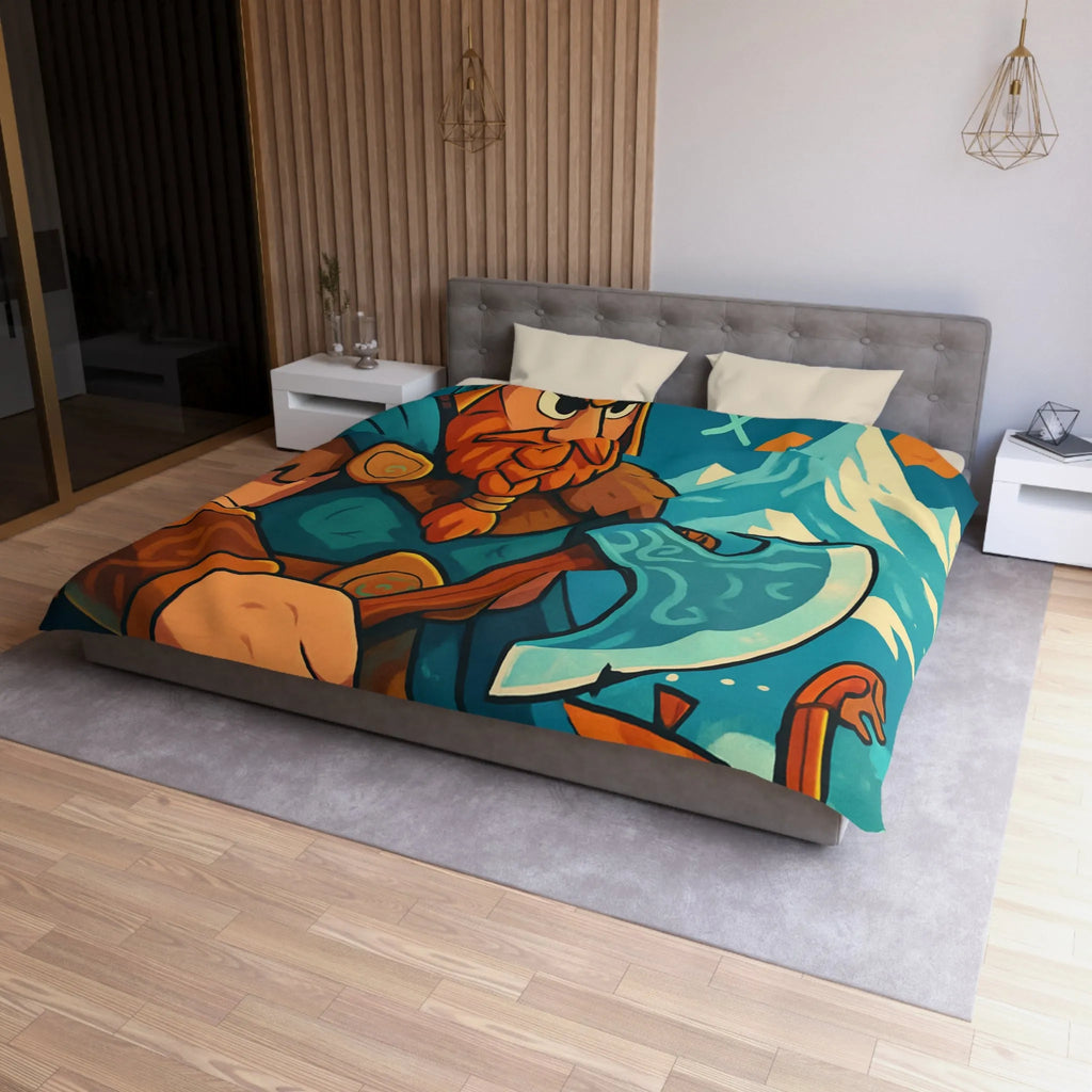 Housse de couette avec Viking, hache nordique, montagnes enneigées et runes anciennes