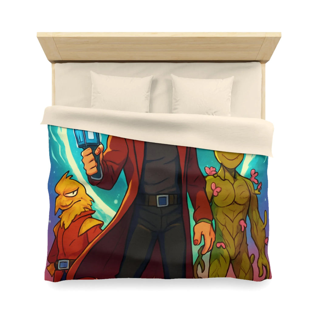 Housse de couette espace avec personnages héroïques colorés et univers rétro futuriste