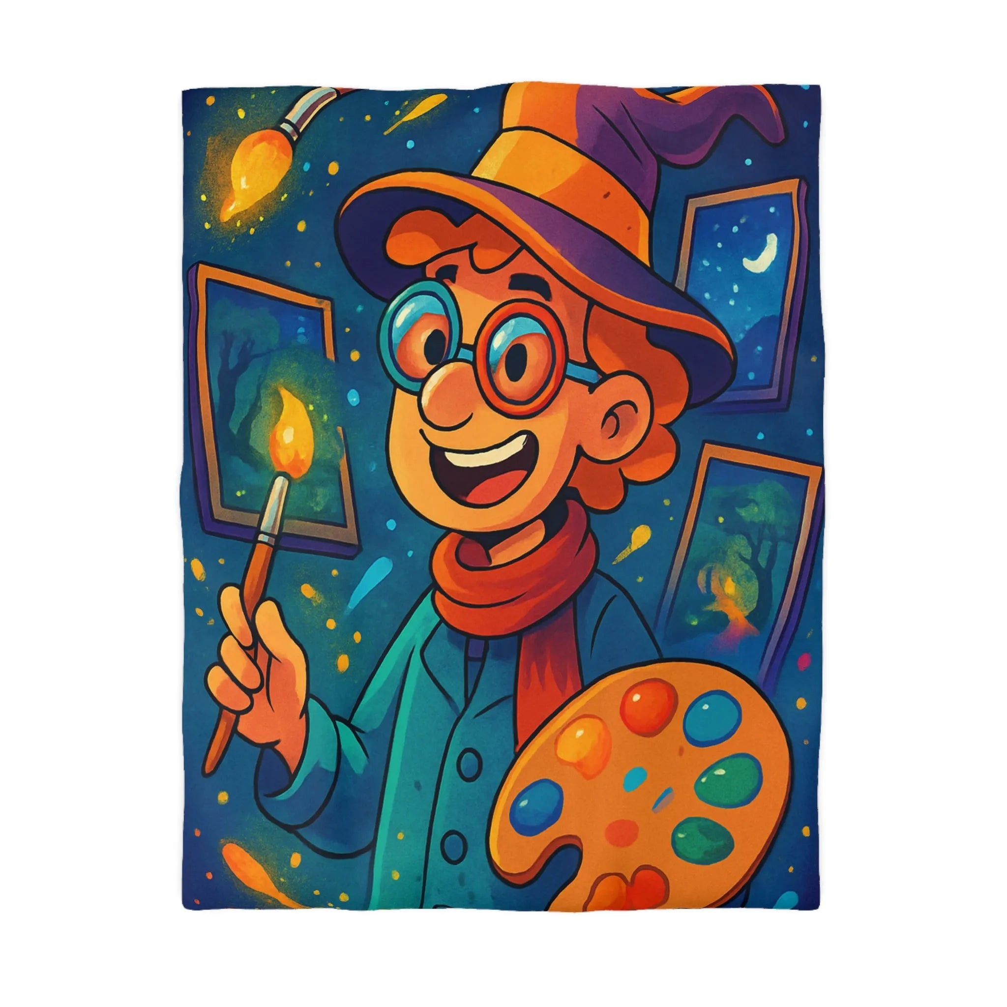 Housse de couette magique illustrée avec artiste en chapeau et palette lumineuse