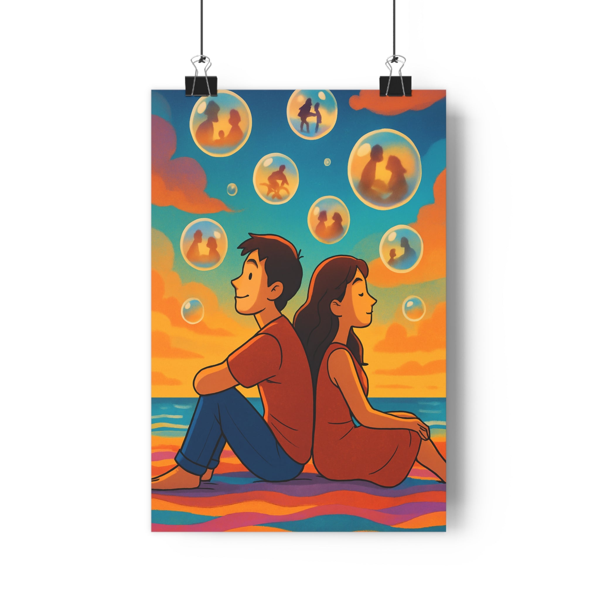 Poster décoratif dessin animé pastel bleu orange rose rêveur salon chambre nostalgique 30x46 élégant