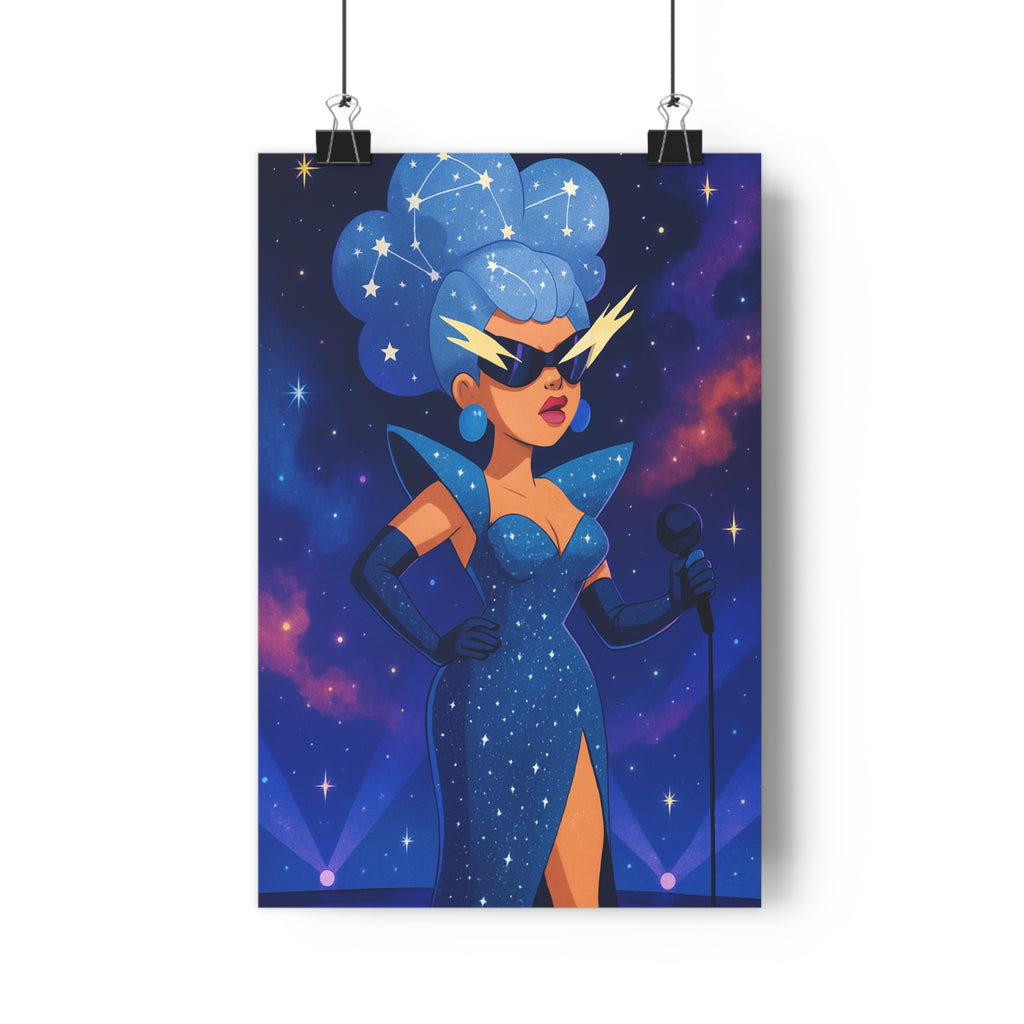 Poster décoratif futuriste glamour femme étoilé bleu violet moderne chambre salon 30x46 élégant cosmique