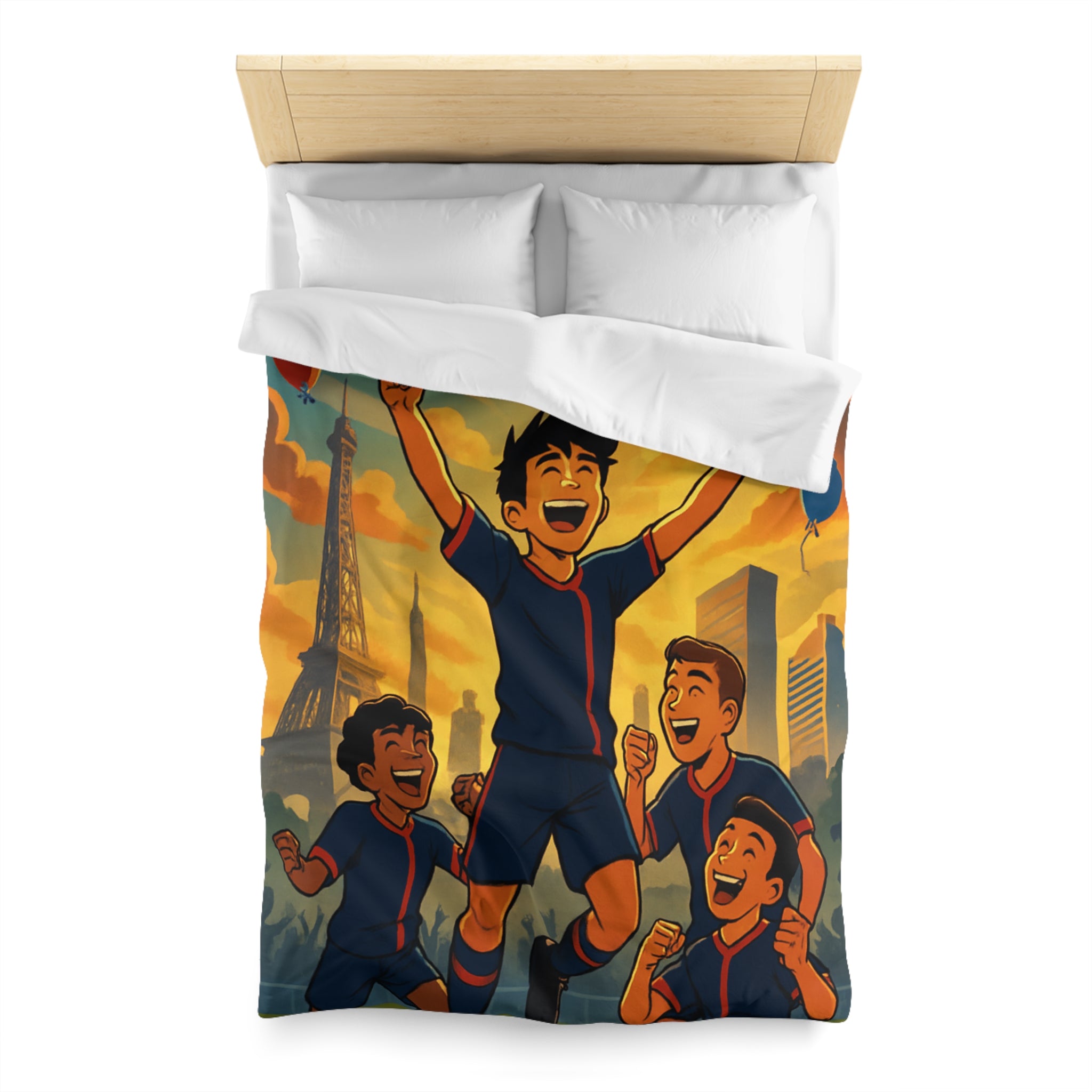 Housse de couette pour enfants avec footballeurs enthousiastes devant paysage urbain en coucher de soleil