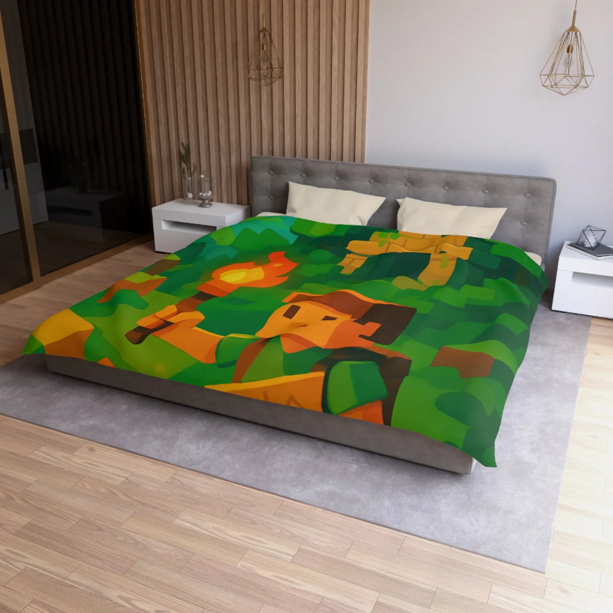 Explorez un monde aventureux et mystique avec cette housse de couette pixelisée géométrique