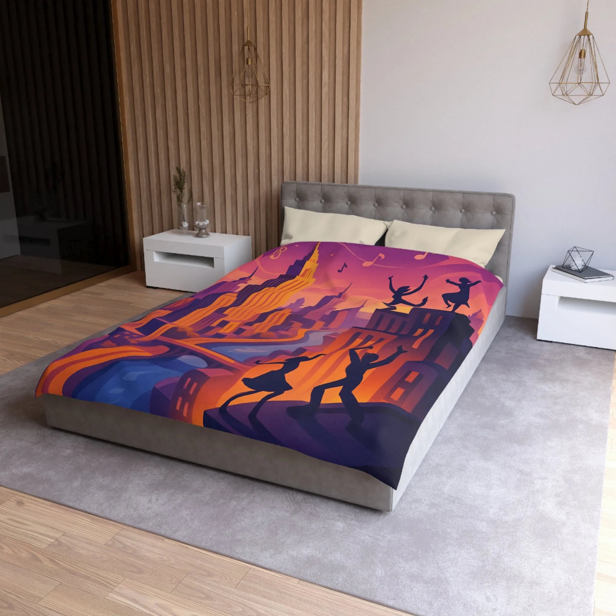 Housse de Couette avec Danseurs et Ville au Coucher de Soleil, Tonalités Vibrantes