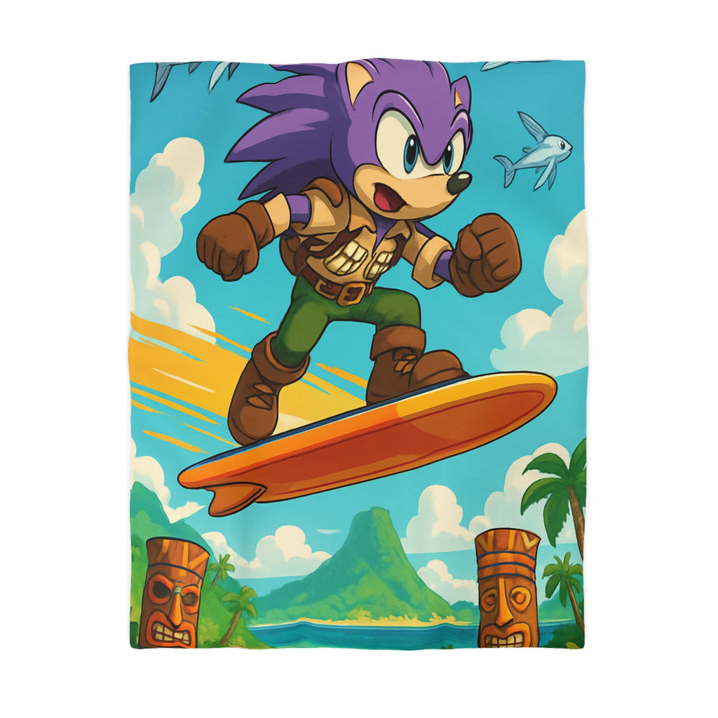 Housse de couette vibrante avec héros aventureux sur plage tropicale paradisiaque