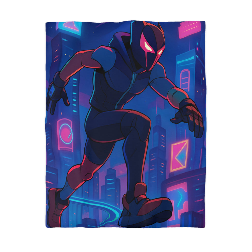 Housse de couette néon noire avec silhouette futuriste urbaine pour décoration moderne