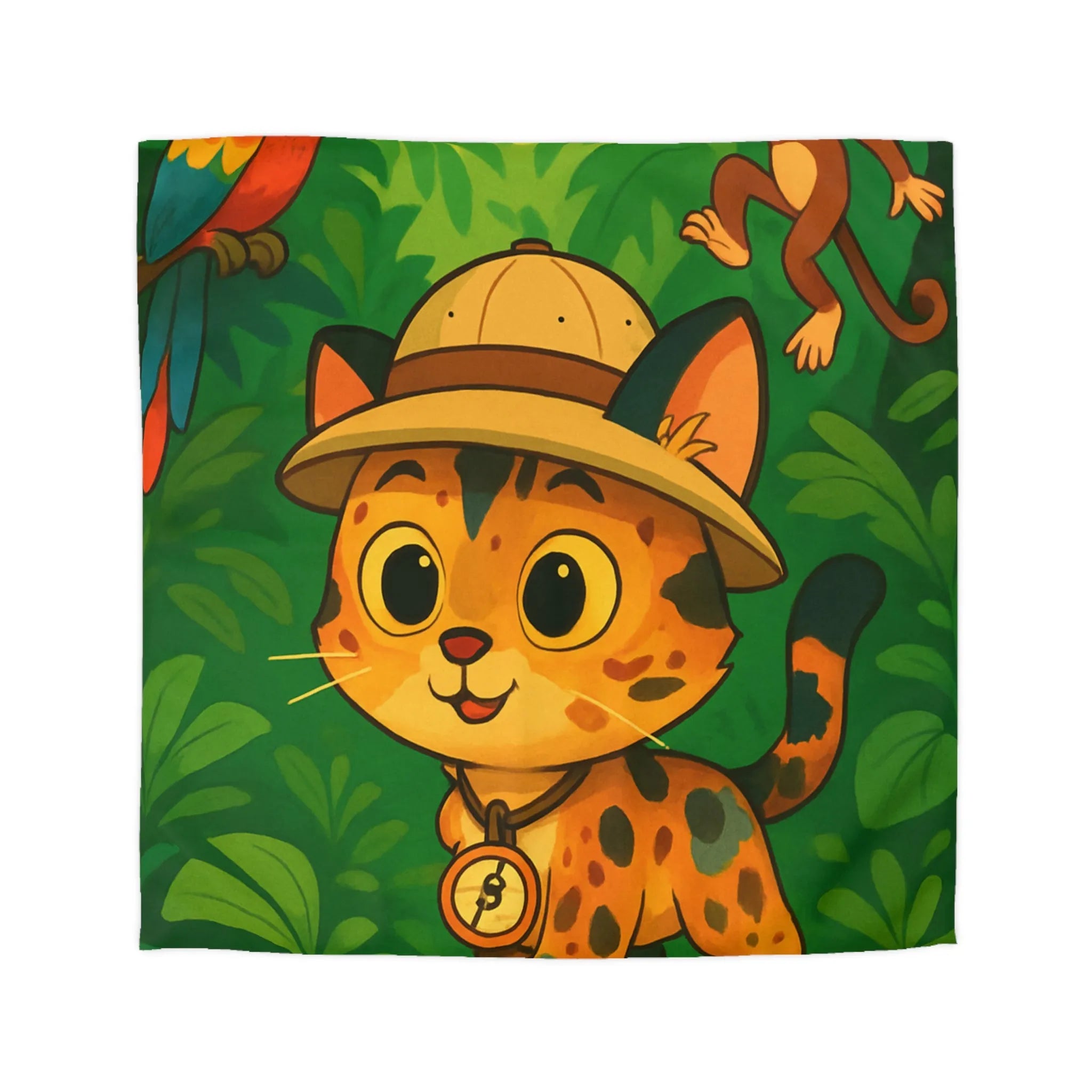 Housse de couette avec chat explorateur, jungle colorée, perroquet et singe joyeux